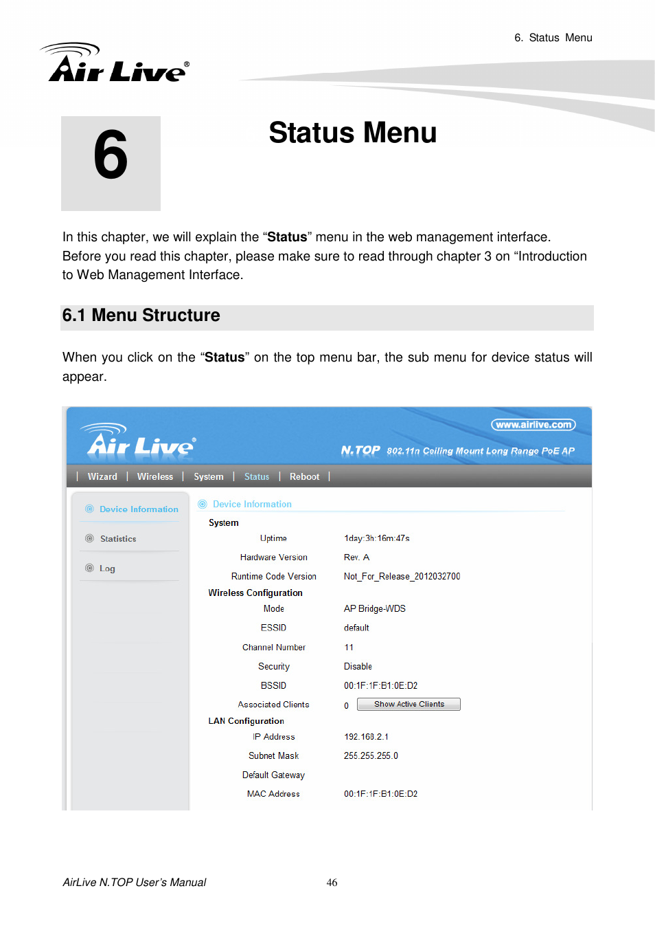 Status menu, 1 menu structure | AirLive N.TOP User Manual | Page 51 / 71