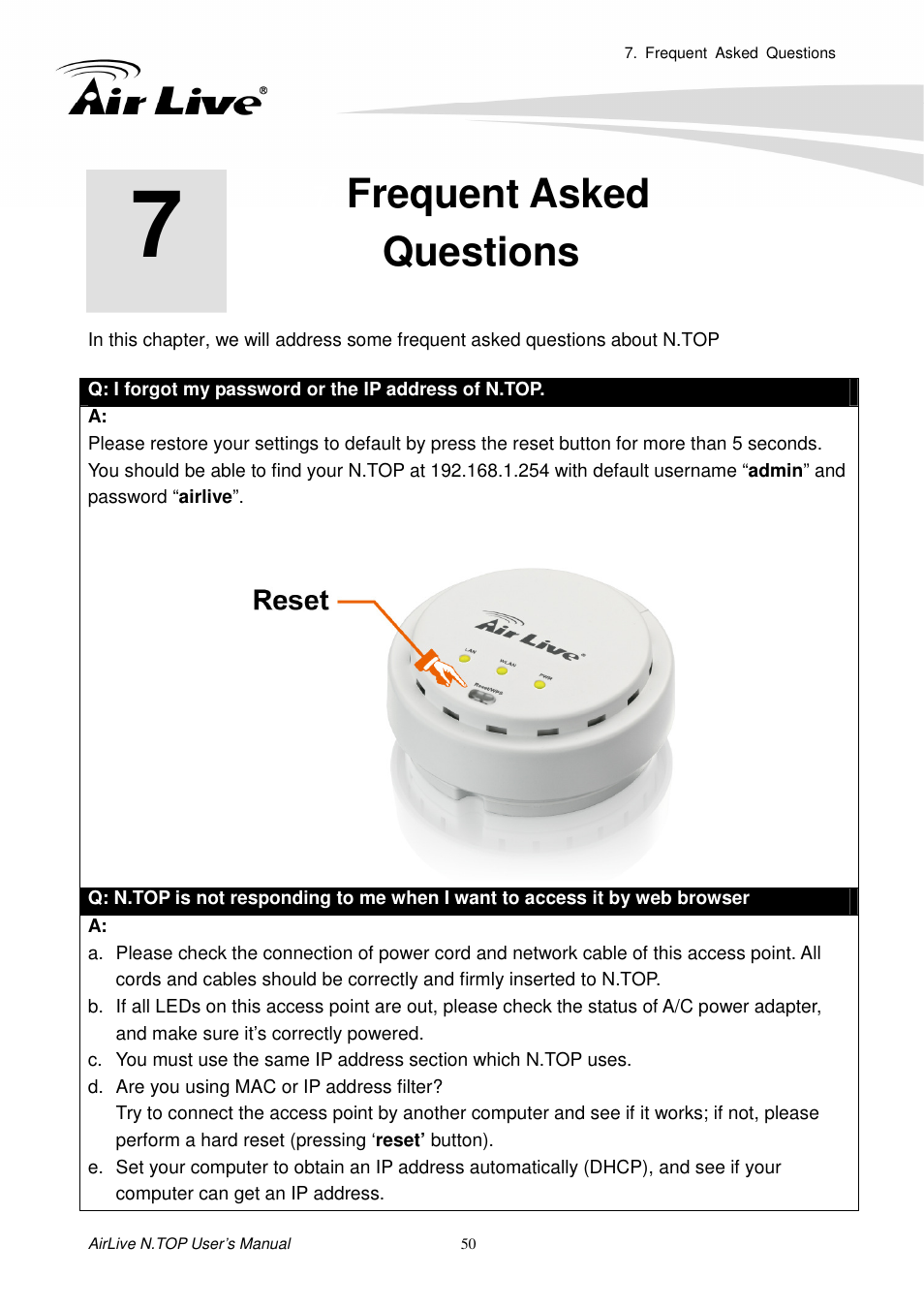 Frequent askedquestions, Frequent asked questions | AirLive N.TOP User Manual | Page 55 / 71