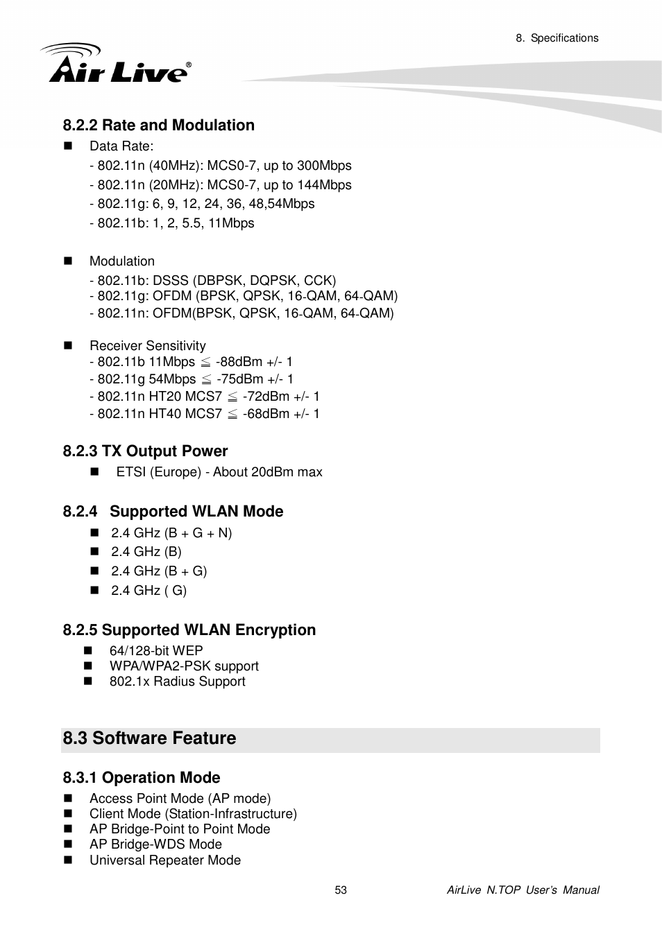 2 rate and modulation, 3 tx output power, 4 supported wlan mode | 5 supported wlan encryption, 3 software feature, 1 operation mode | AirLive N.TOP User Manual | Page 58 / 71