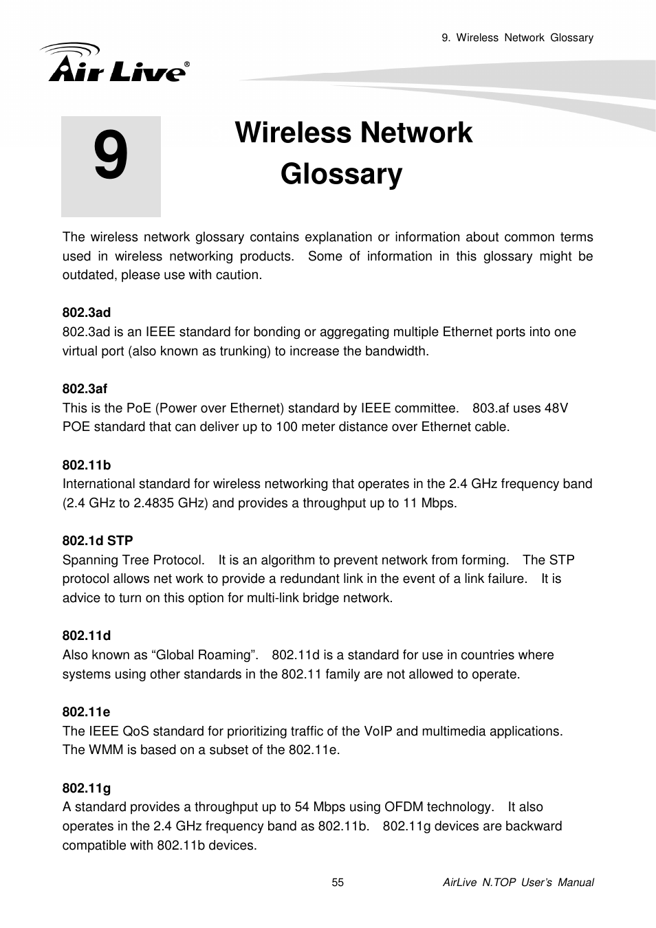 Wireless networkglossary, Wireless network glossary | AirLive N.TOP User Manual | Page 60 / 71