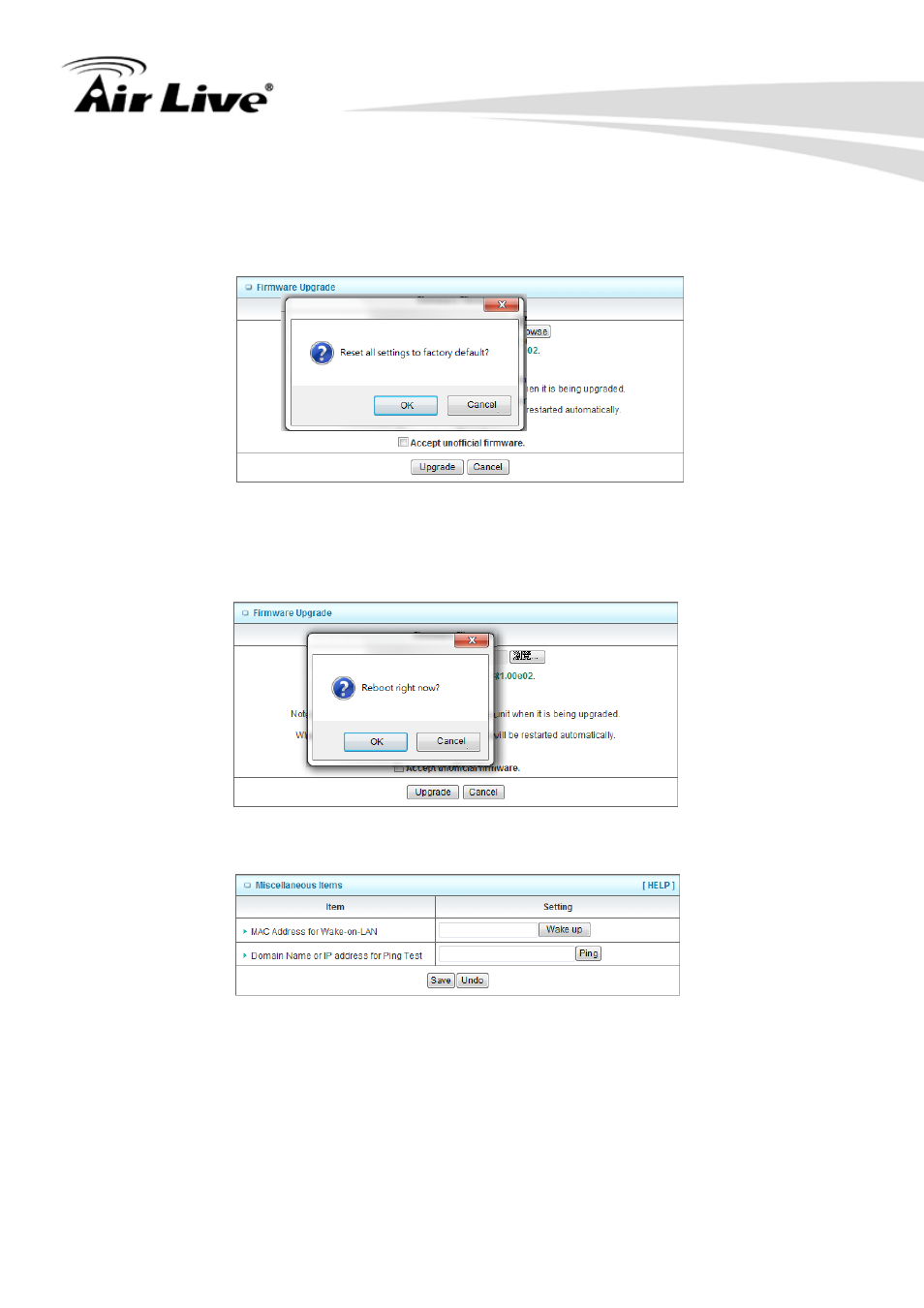 5 reset to default, 6 reboot, 7 miscellaneous – wake on lan & ping | AirLive N450R User Manual | Page 101 / 108