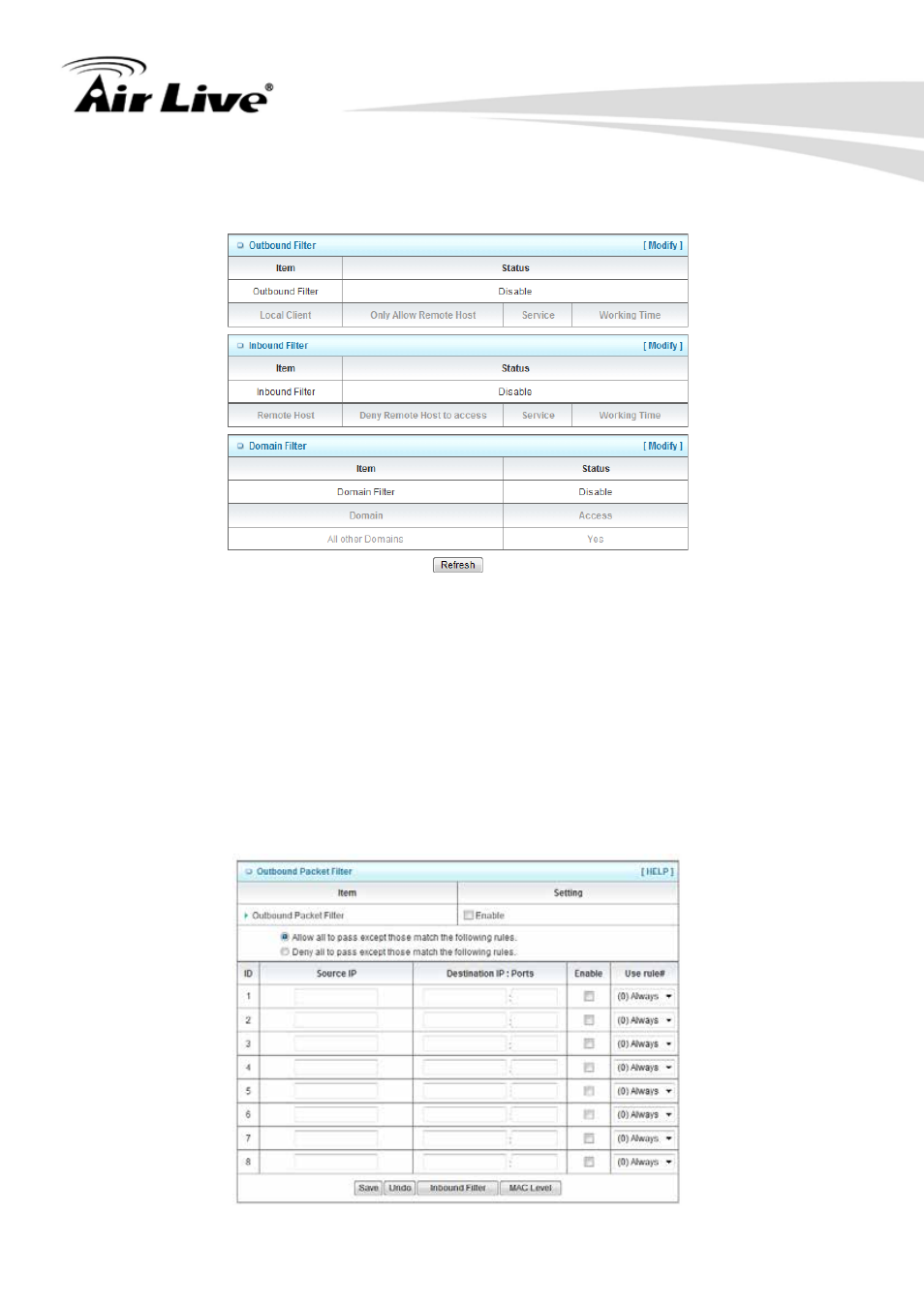 1 status, 2 packet filters, 1 status 3.4.2 packet filters | AirLive N450R User Manual | Page 65 / 108
