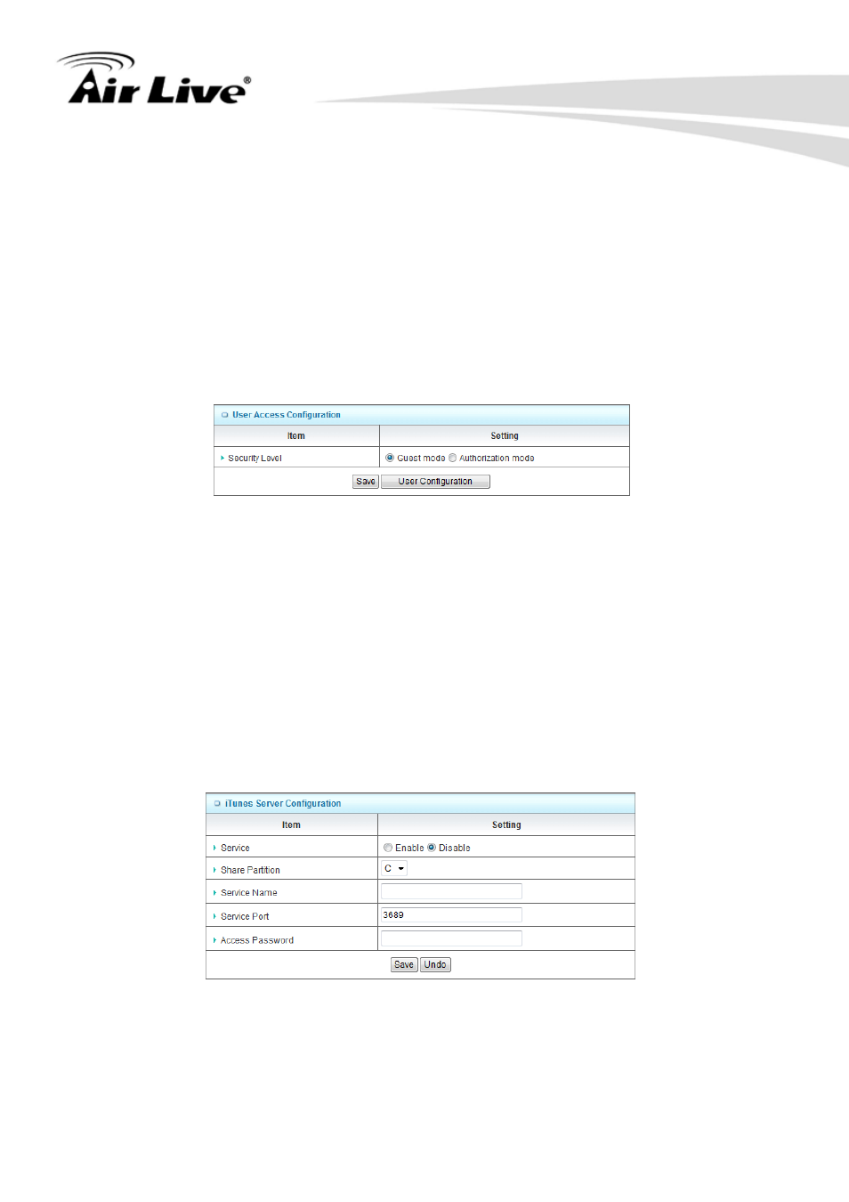4 access control, 5 itunes server, 4 access control 3.6.5 itunes server | AirLive N450R User Manual | Page 92 / 108