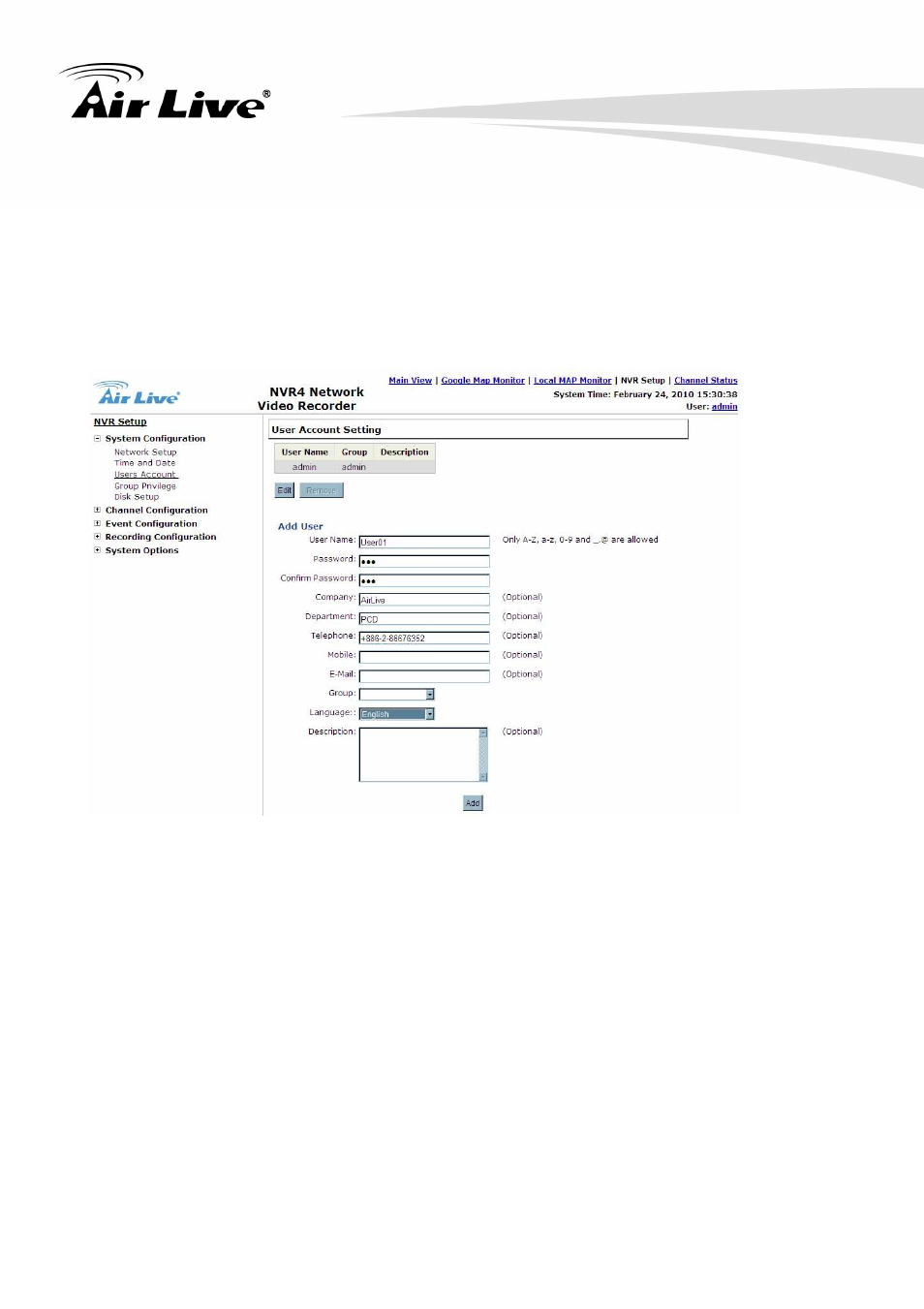 3 user account | AirLive NVR4 User Manual | Page 51 / 85
