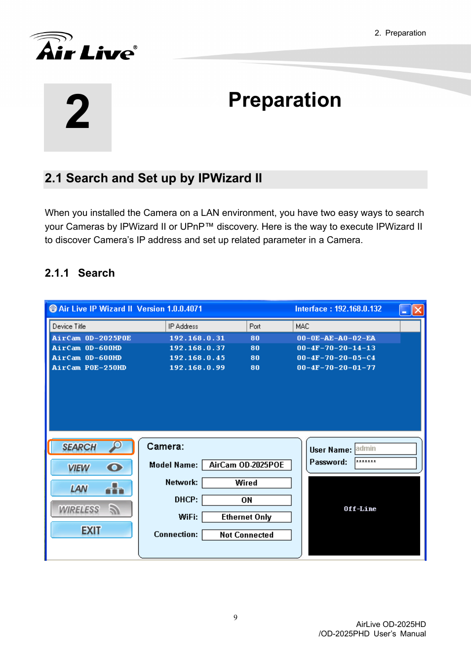 Preparation, 1 search and set up by ipwizard ii | AirLive OD-2025PHD User Manual | Page 15 / 101