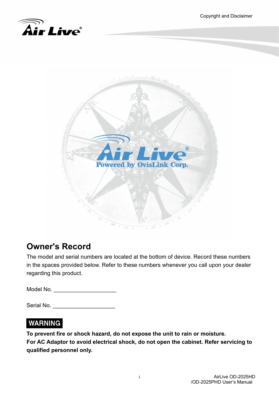 Owner's record | AirLive OD-2025PHD User Manual | Page 2 / 101