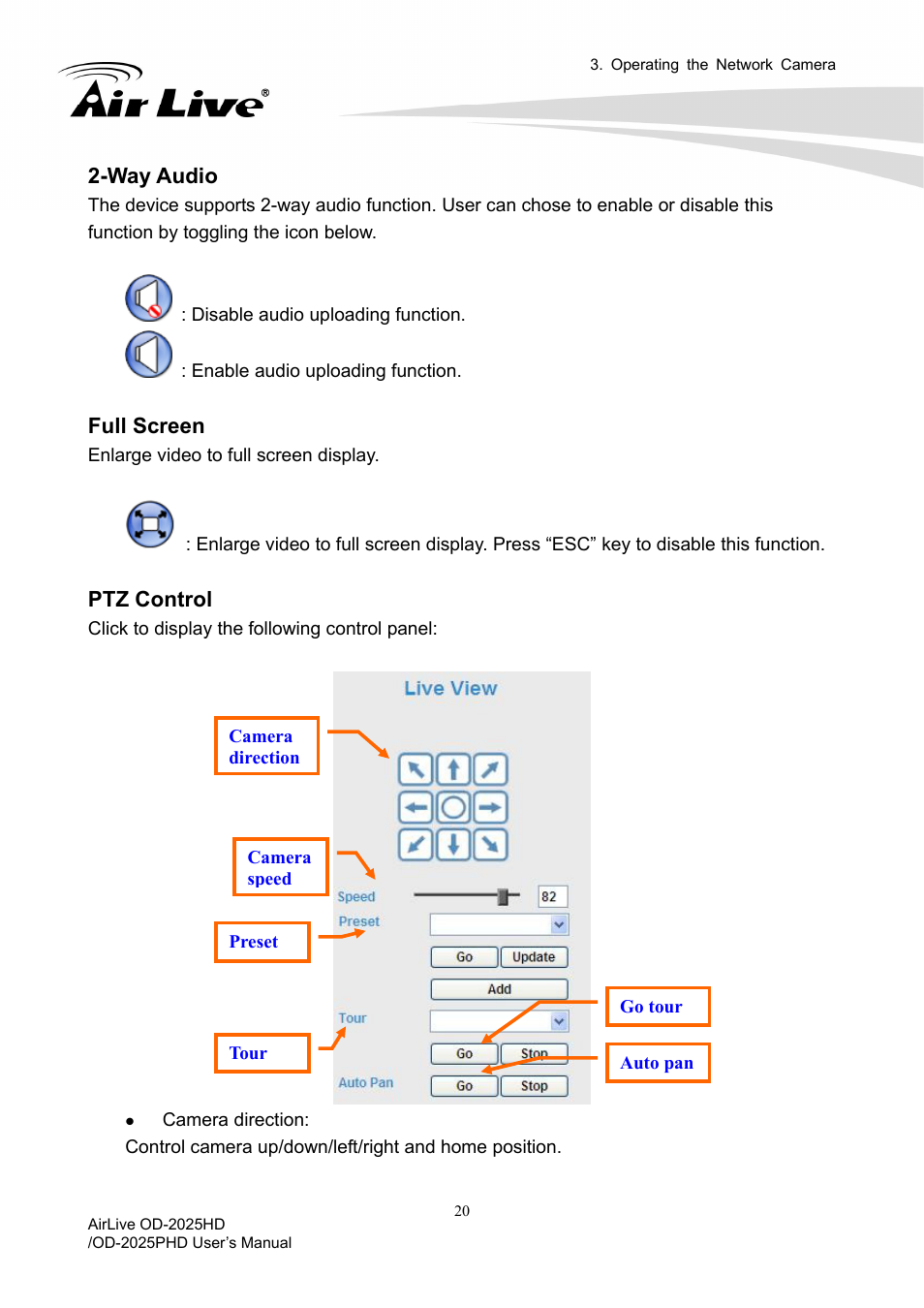 Way audio, Full screen, Ptz control | AirLive OD-2025PHD User Manual | Page 26 / 101