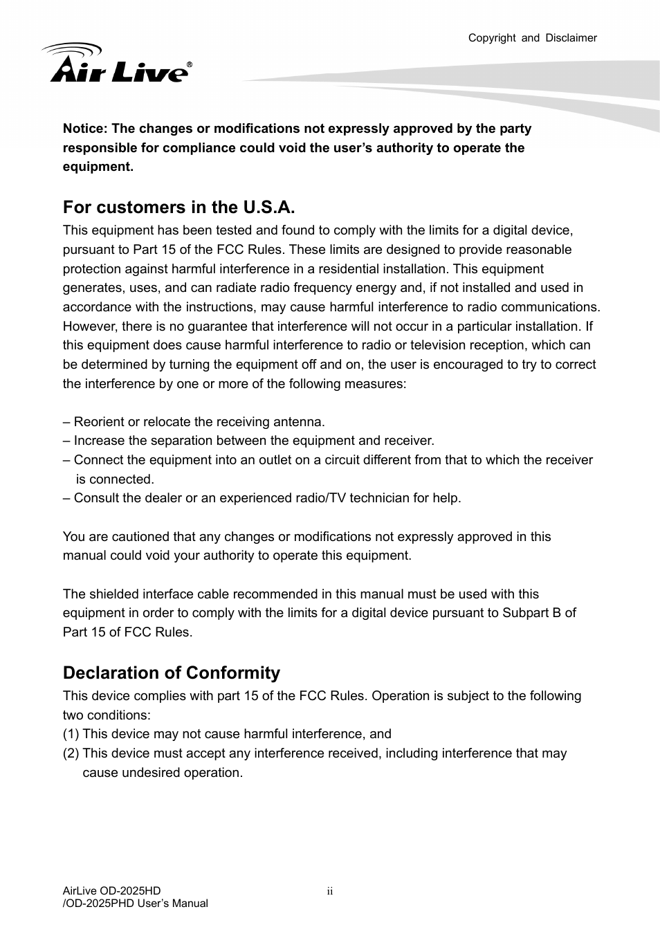 For customers in the u.s.a, Declaration of conformity | AirLive OD-2025PHD User Manual | Page 3 / 101