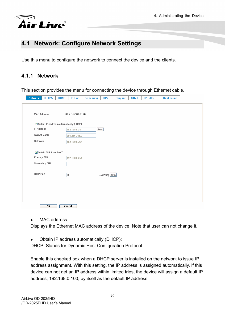 1 network: configure network settings, Network: configure network settings, 1 network | AirLive OD-2025PHD User Manual | Page 32 / 101