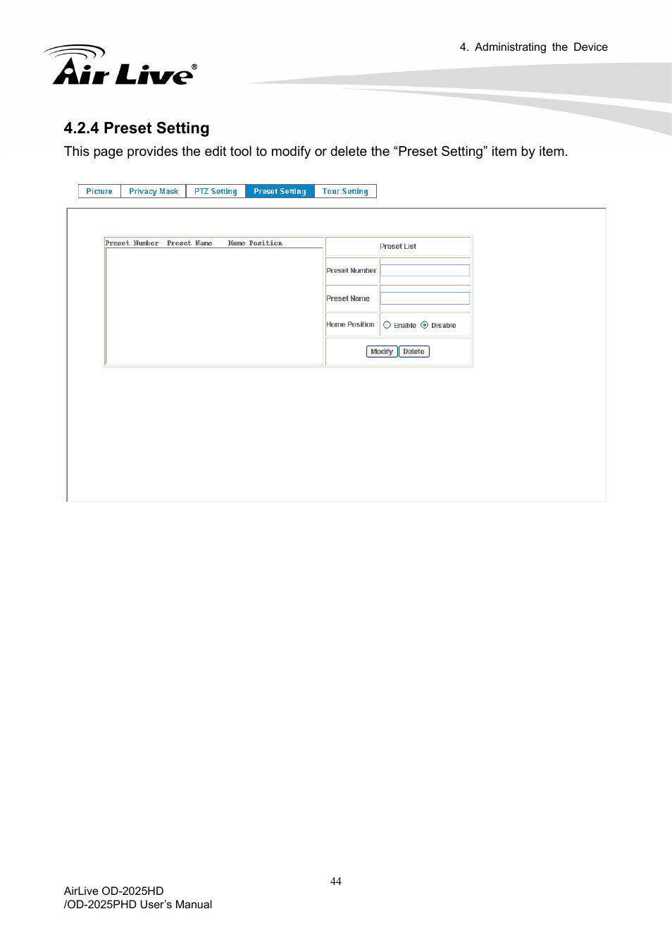 4 preset setting | AirLive OD-2025PHD User Manual | Page 50 / 101