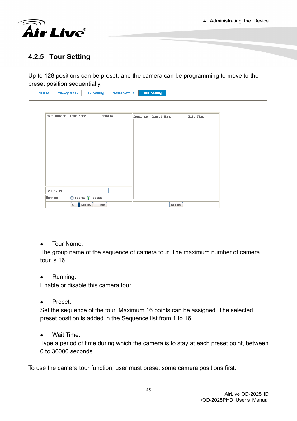 5 tour setting | AirLive OD-2025PHD User Manual | Page 51 / 101