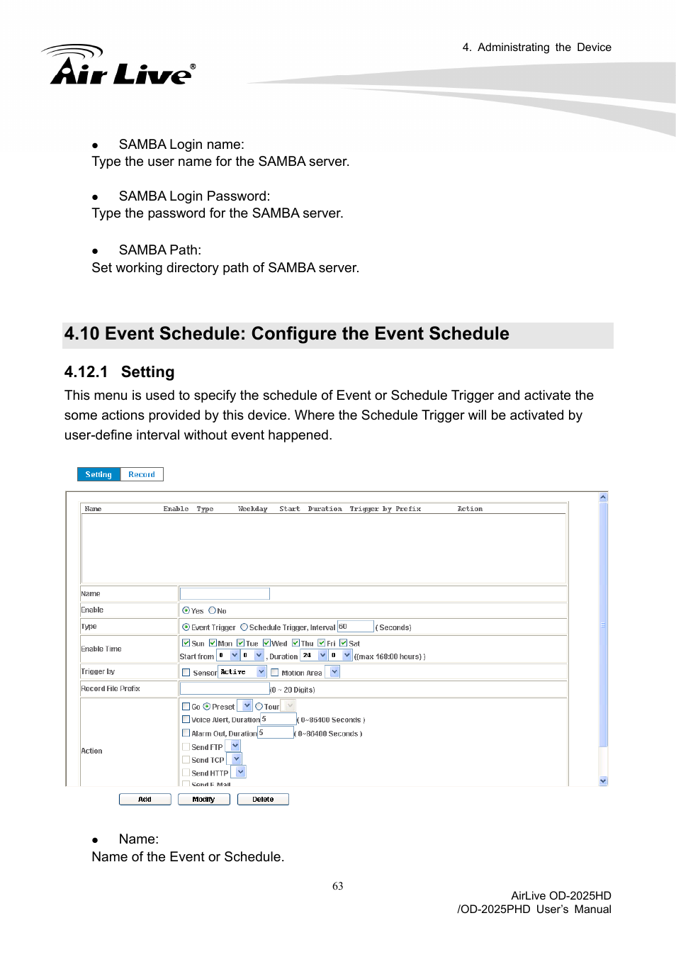 10 event schedule: configure the event schedule, 1 setting | AirLive OD-2025PHD User Manual | Page 69 / 101
