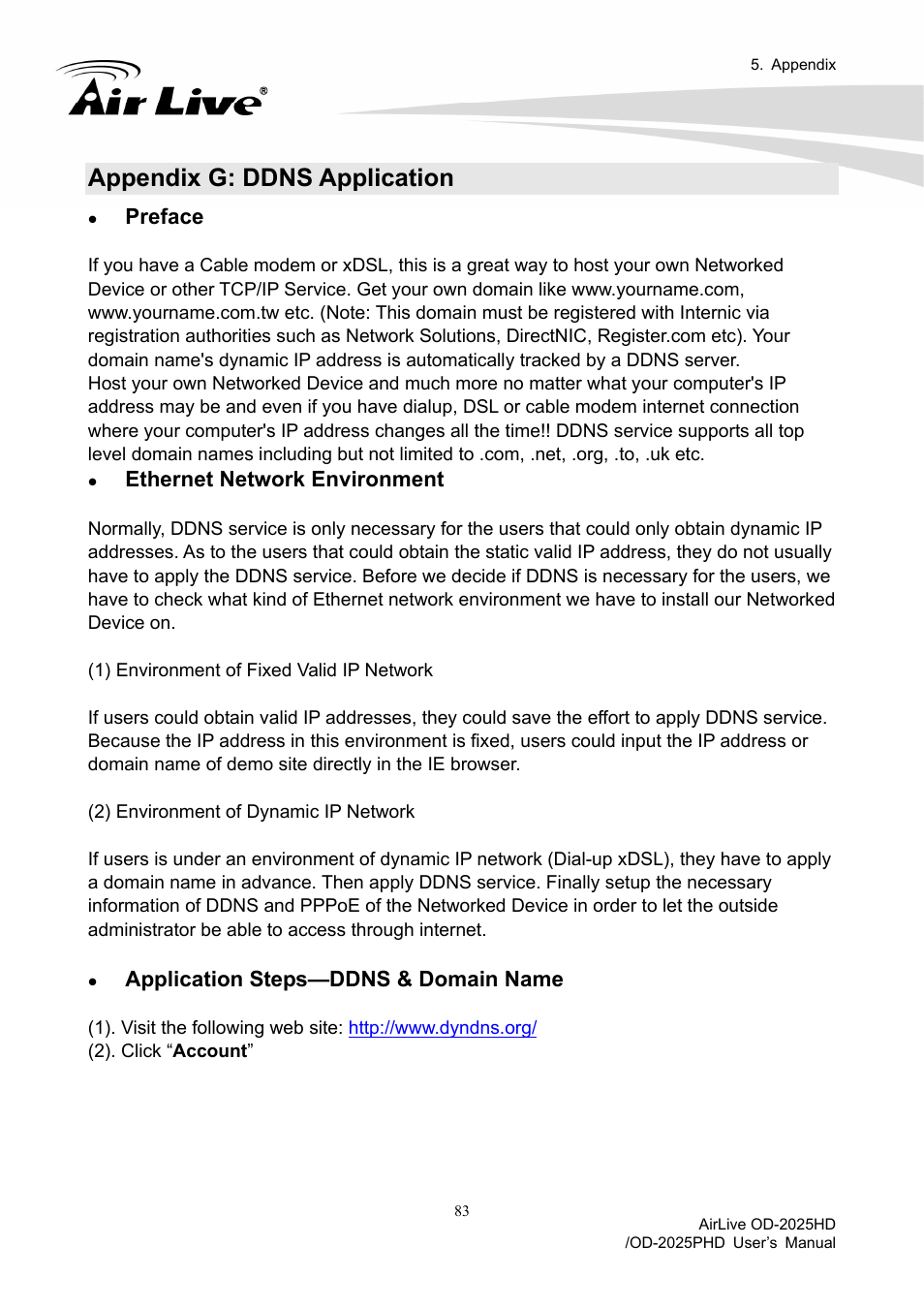 Appendix g: ddns application, Preface, Ethernet network environment | Application steps—ddns & domain name | AirLive OD-2025PHD User Manual | Page 89 / 101