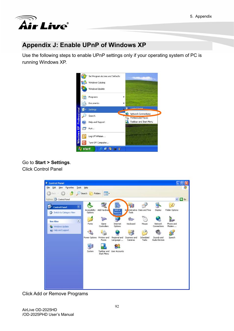 Appendix j: enable upnp of windows xp | AirLive OD-2025PHD User Manual | Page 98 / 101
