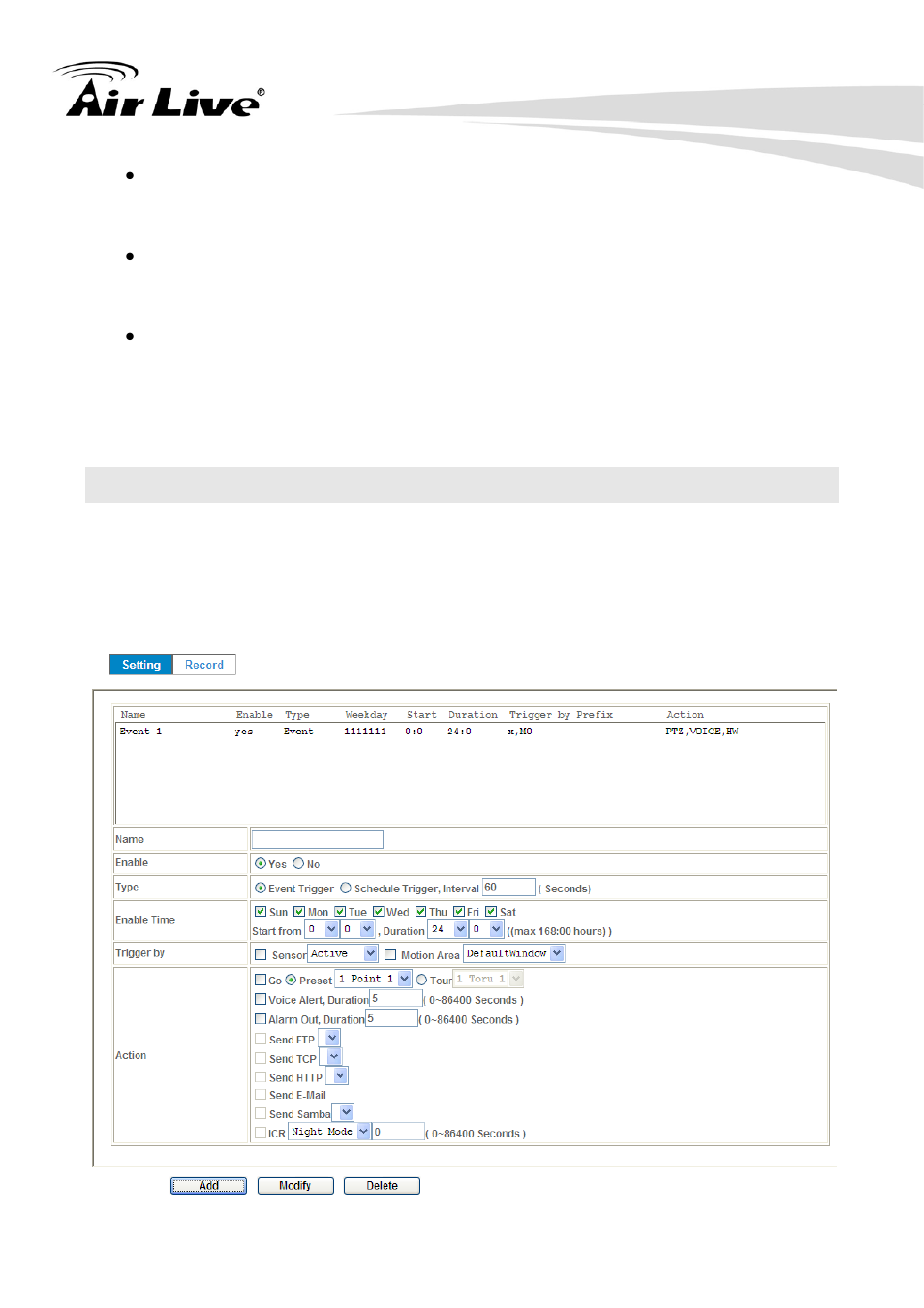 10 event schedule: configure the event schedule, 1 setting | AirLive OD-2060HD User Manual | Page 70 / 104