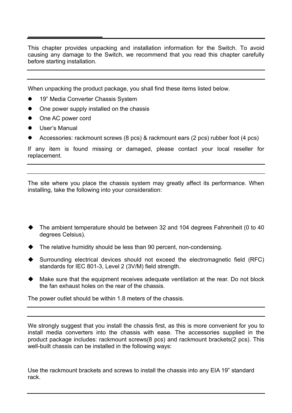 Unpacking and installation, Unpacking, Installation | Deciding how to install the system, Mounted to 19-inch standard rack | AirLive OV-MCR116 User Manual | Page 6 / 12