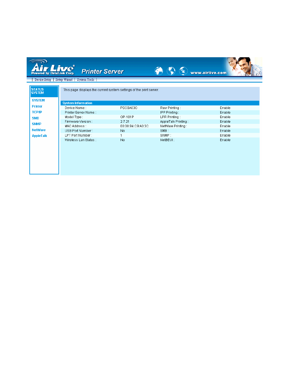 3 device status, 1 system | AirLive P-201U User Manual | Page 70 / 114