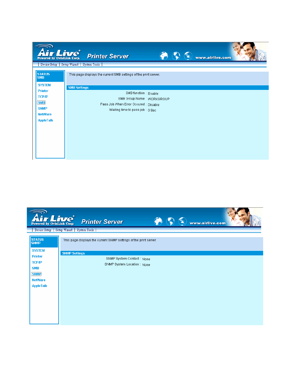 4 smb, 5 snmp, 4 smb 8.3.5 snmp | AirLive P-201U User Manual | Page 73 / 114