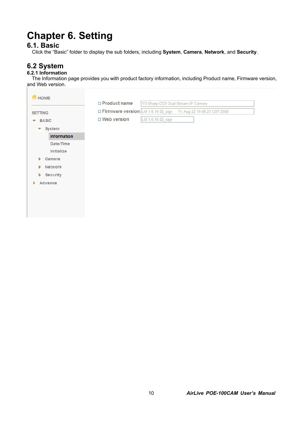 Chapter 6. setting, Asic, Ystem | AirLive POE-100CAM User Manual | Page 15 / 48