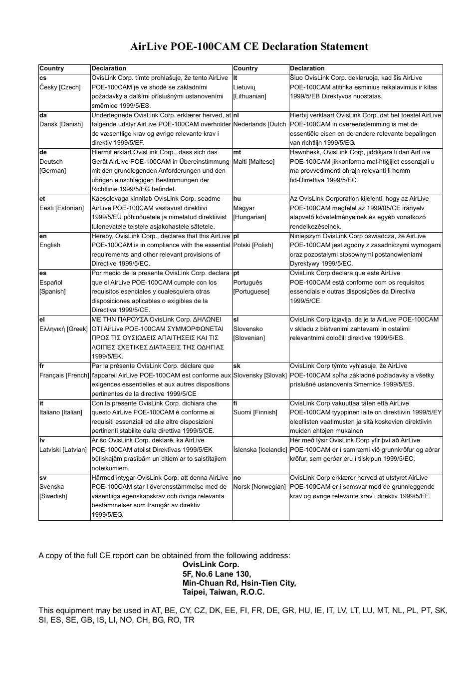 Airlive poe-100cam ce declaration statement | AirLive POE-100CAM User Manual | Page 3 / 48