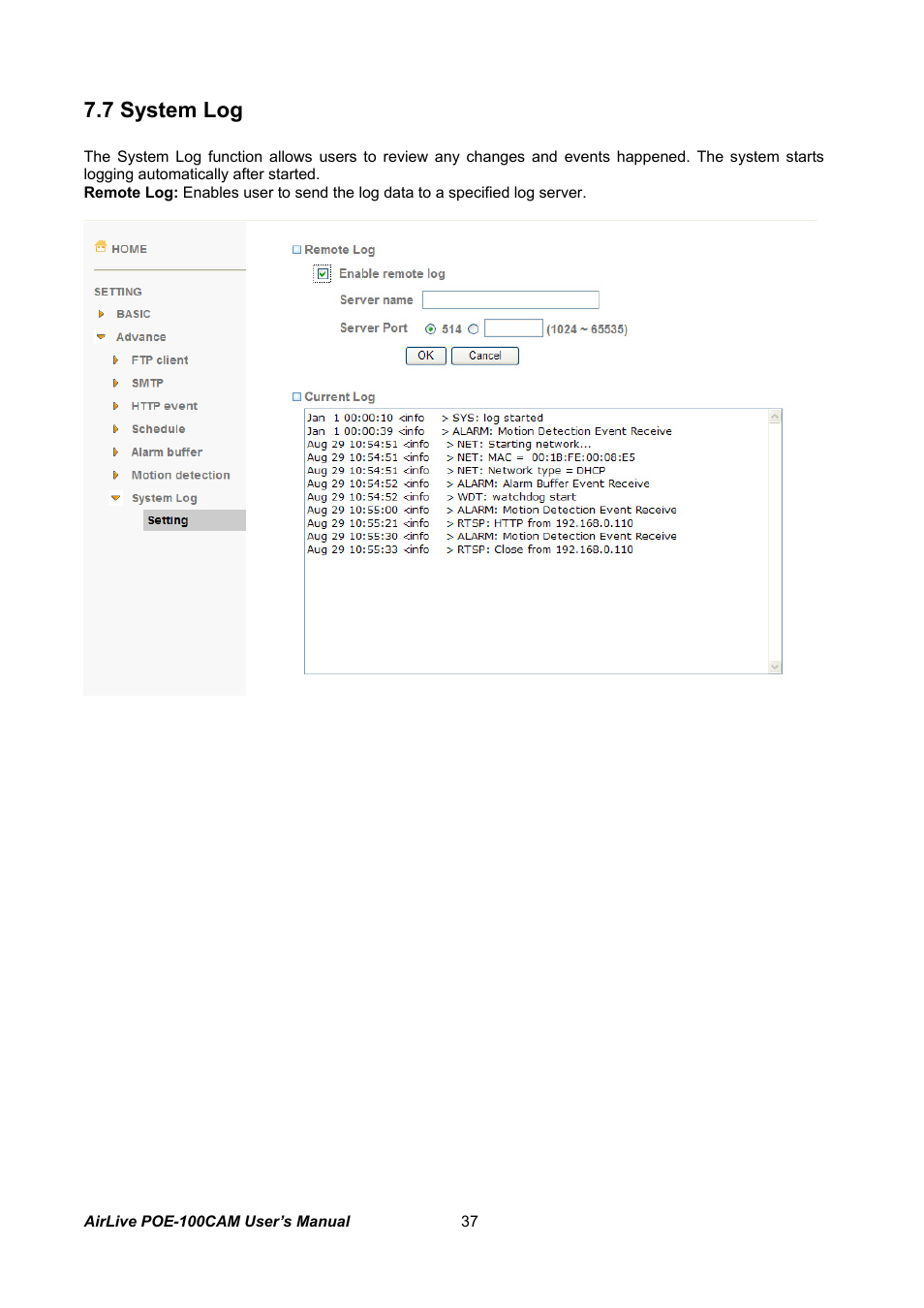 Ystem, 7 system log | AirLive POE-100CAM User Manual | Page 42 / 48