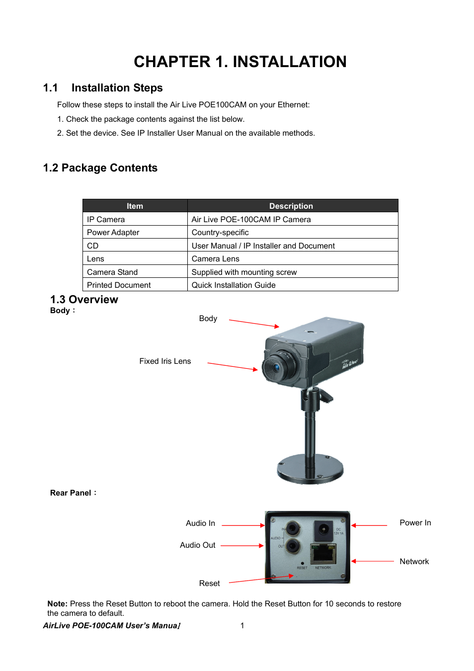 Chapter 1. installation, Nstallation, Teps | Ackage, Ontents, Verview | AirLive POE-100CAM User Manual | Page 6 / 48