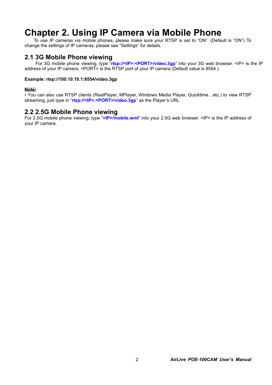 Chapter 2. using ip camera via mobile phone, Obile, Hone viewing | 1 3g mobile phone viewing, 2 2.5g mobile phone viewing | AirLive POE-100CAM User Manual | Page 7 / 48