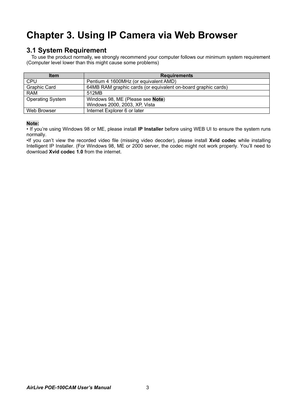 Chapter 3. using ip camera via web browser, 1 system requirement | AirLive POE-100CAM User Manual | Page 8 / 48