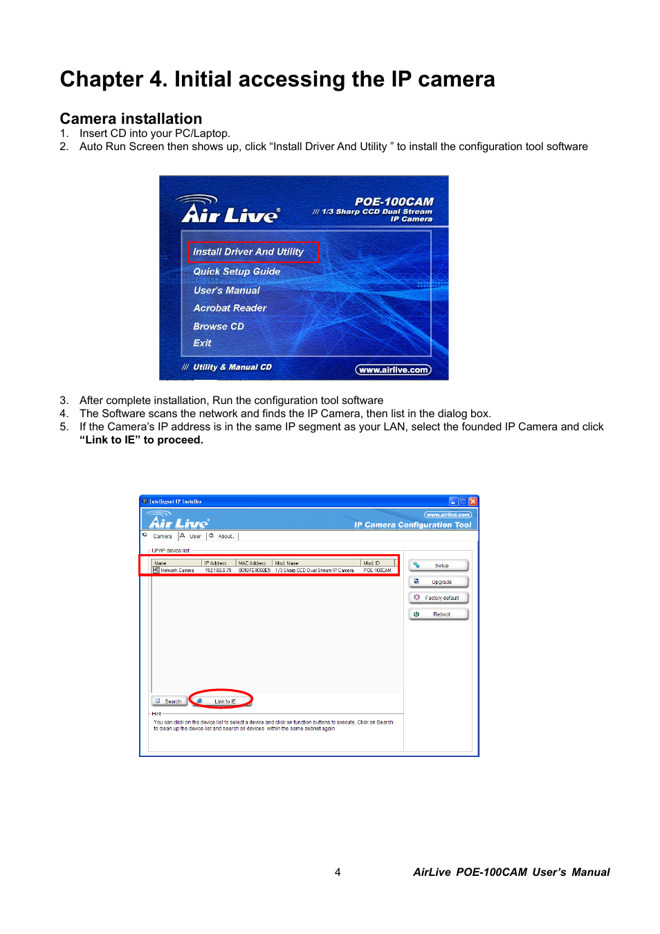 Chapter 4. initial accessing the ip camera | AirLive POE-100CAM User Manual | Page 9 / 48