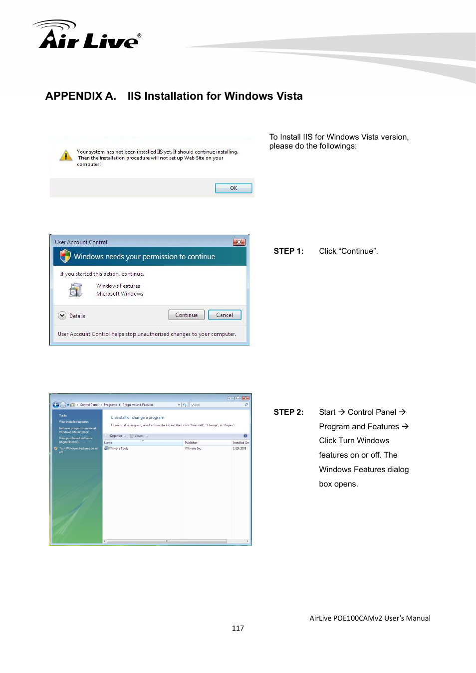 Appendix a. iis installation for windows vista | AirLive POE-100CAMv2 User Manual | Page 118 / 138