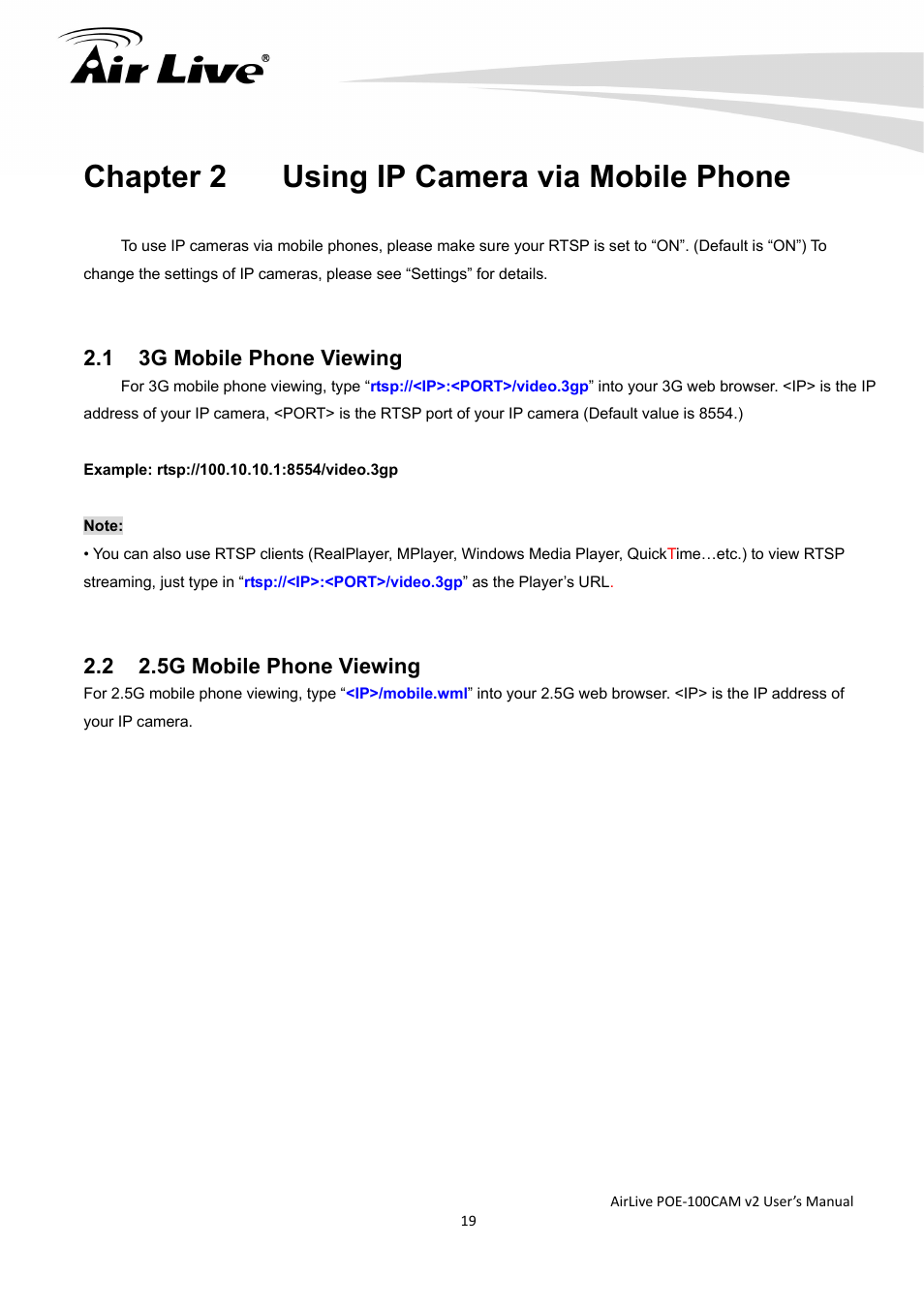 Chapter 2 using ip camera via mobile phone, 1 3g mobile phone viewing, 2 2.5g mobile phone viewing | AirLive POE-100CAMv2 User Manual | Page 20 / 138