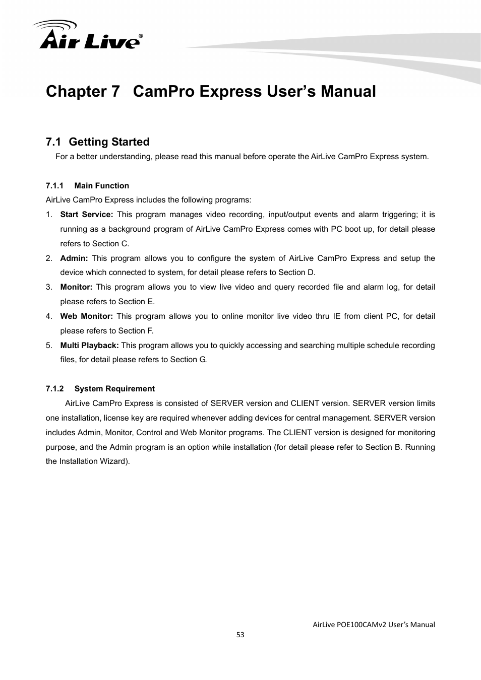 Chapter 7 campro express user’s manual | AirLive POE-100CAMv2 User Manual | Page 54 / 138