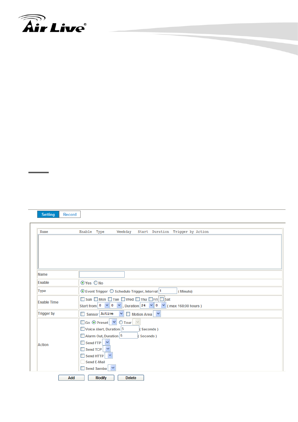 10 event schedule: configure the event schedule, 10 event schedule | AirLive POE-100HD User Manual | Page 55 / 89