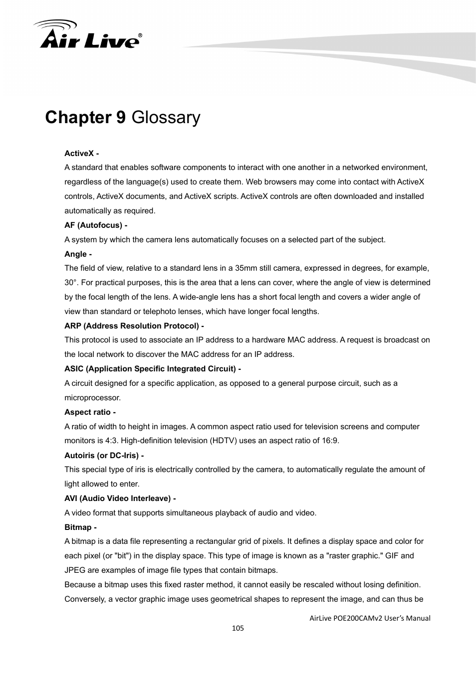 Chapter 9 glossary | AirLive POE-200CAMv2 User Manual | Page 106 / 117