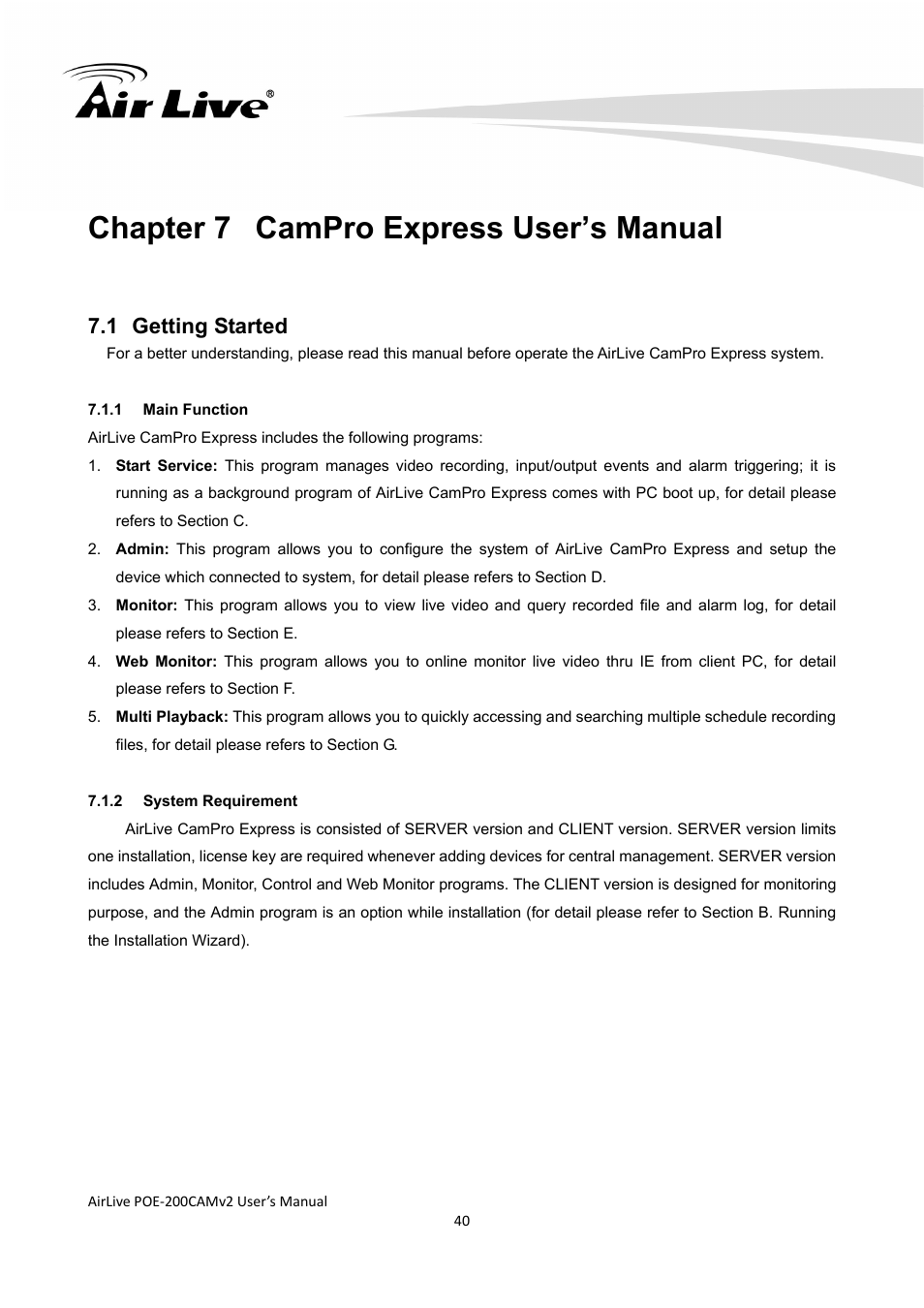 Chapter 7 campro express user’s manual | AirLive POE-200CAMv2 User Manual | Page 41 / 117