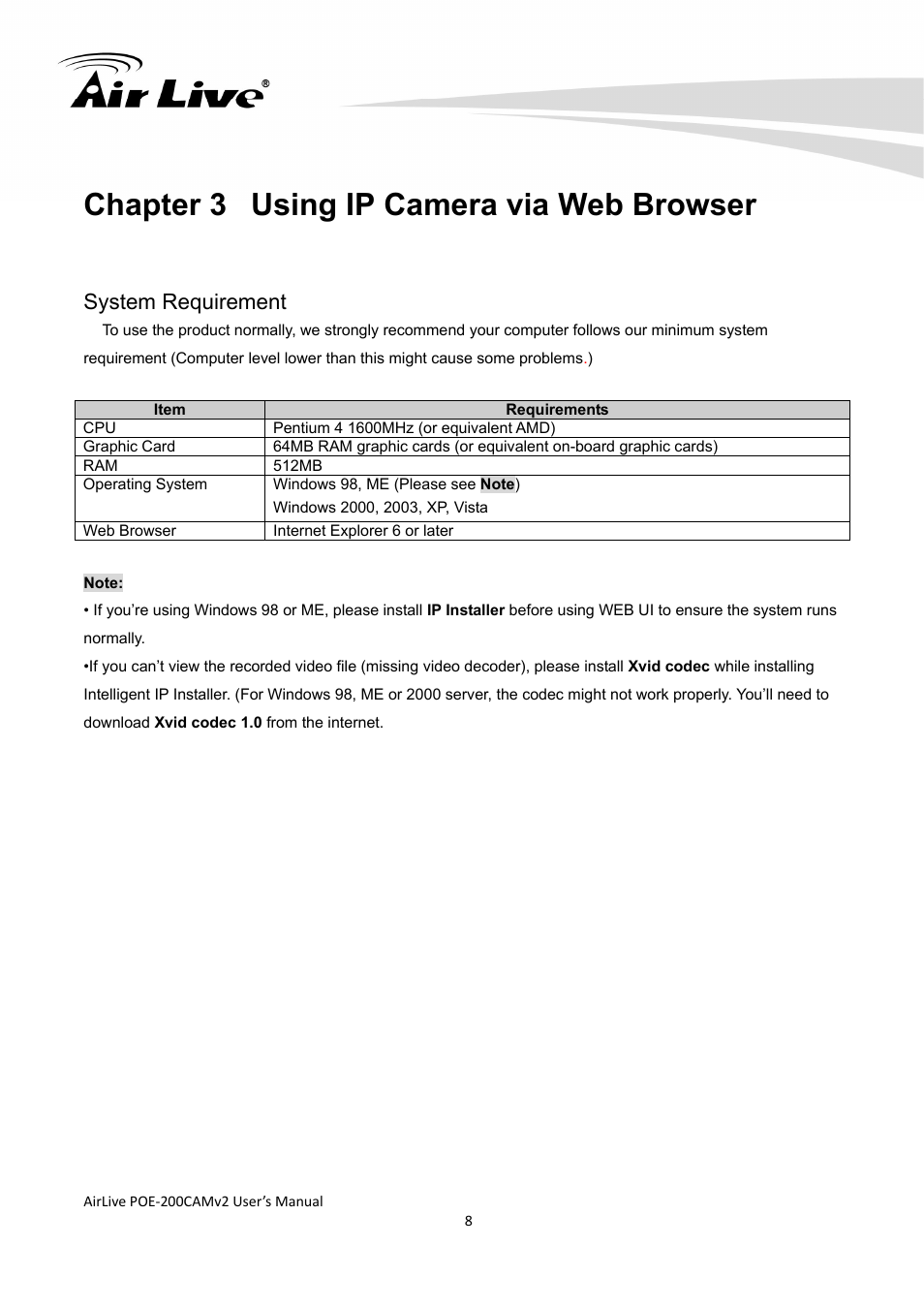 Chapter 3 using ip camera via web browser, System requirement | AirLive POE-200CAMv2 User Manual | Page 9 / 117