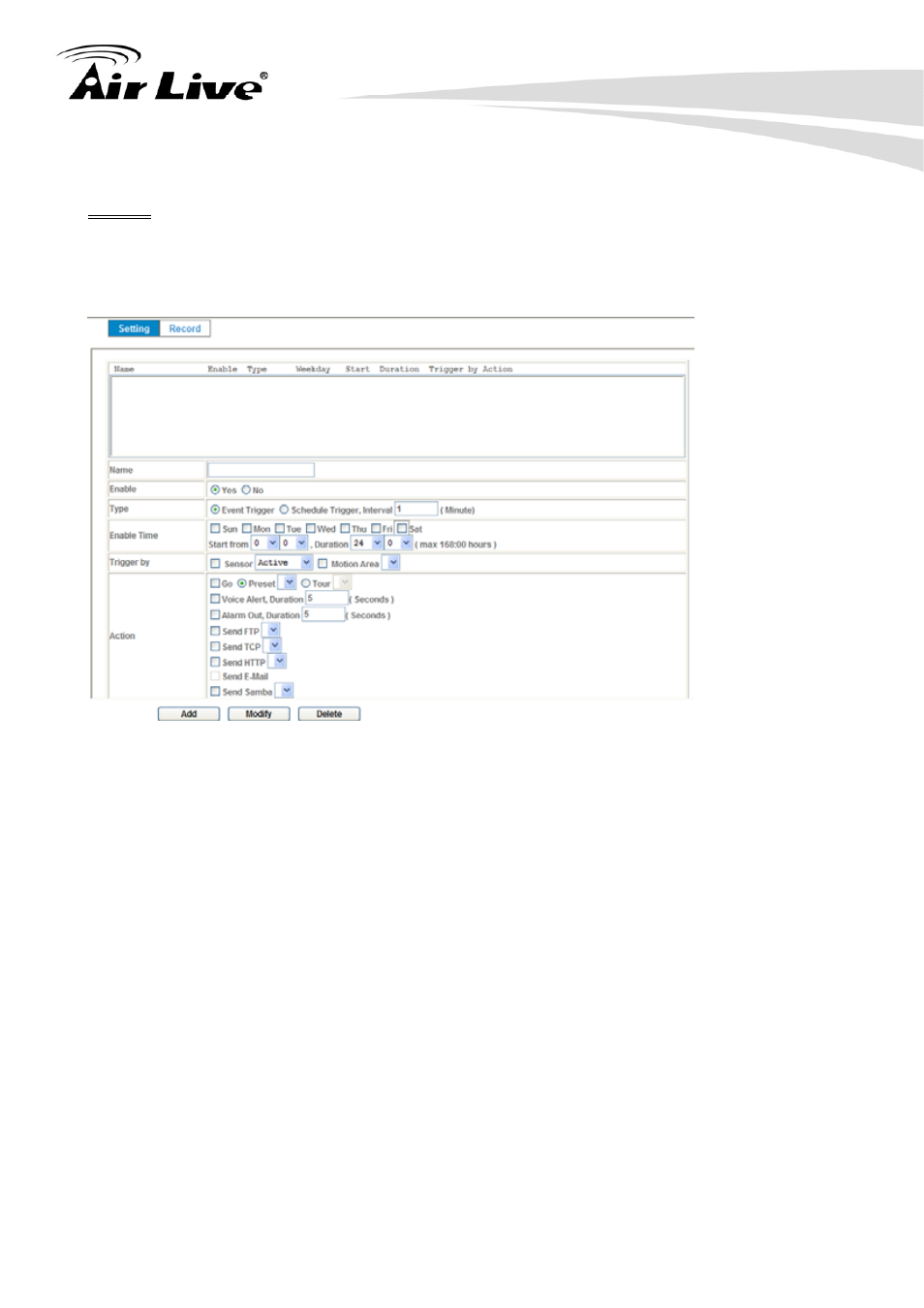 10 event schedule: configure the event schedule, 10 event schedule | AirLive POE-200HD User Manual | Page 51 / 81