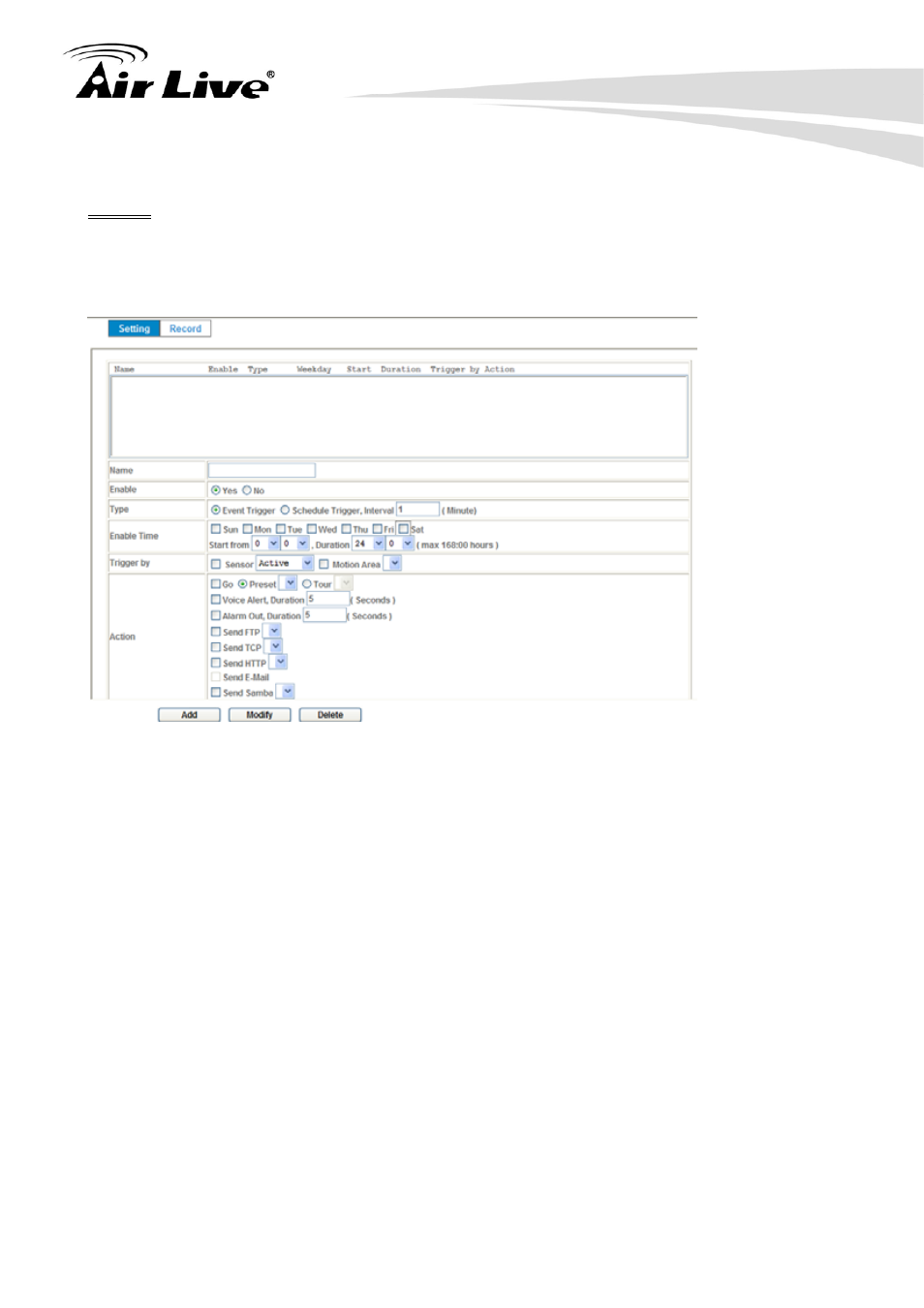 10 event schedule: configure the event schedule, 10 event schedule | AirLive POE-250HD User Manual | Page 52 / 81