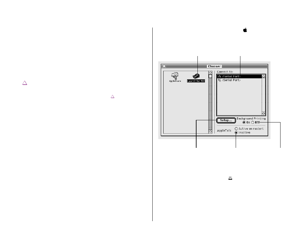 Using the chooser the first time you print 17, Using the chooser the first time you print | Apple Personal LaserWriter300 User Manual | Page 25 / 55