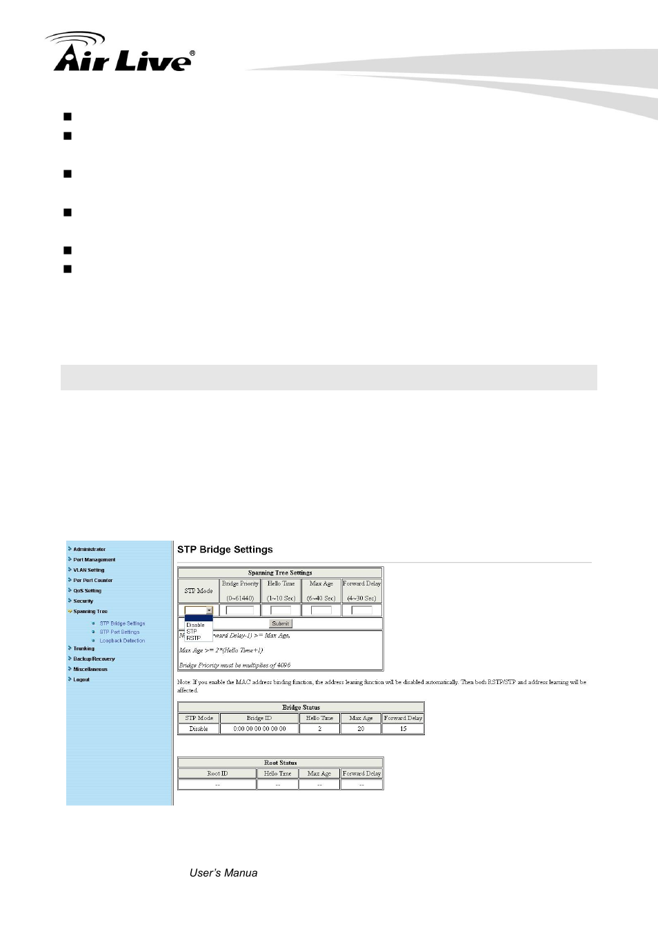 11 spanning tree, 1 stp bridge settings | AirLive POE-FSH1008AT User Manual | Page 49 / 62