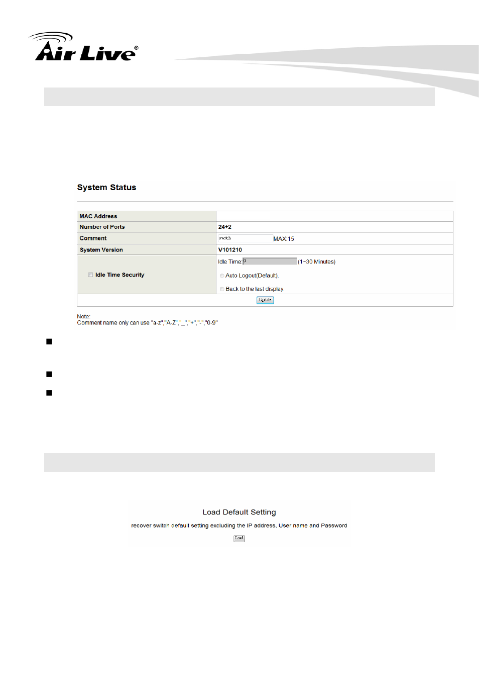 7 system ip configuration (administrator menu), 8 load default setting (administrator menu), 8 oad default setting (administrator menu) | AirLive POE-FSH2422G-250 User Manual | Page 27 / 51