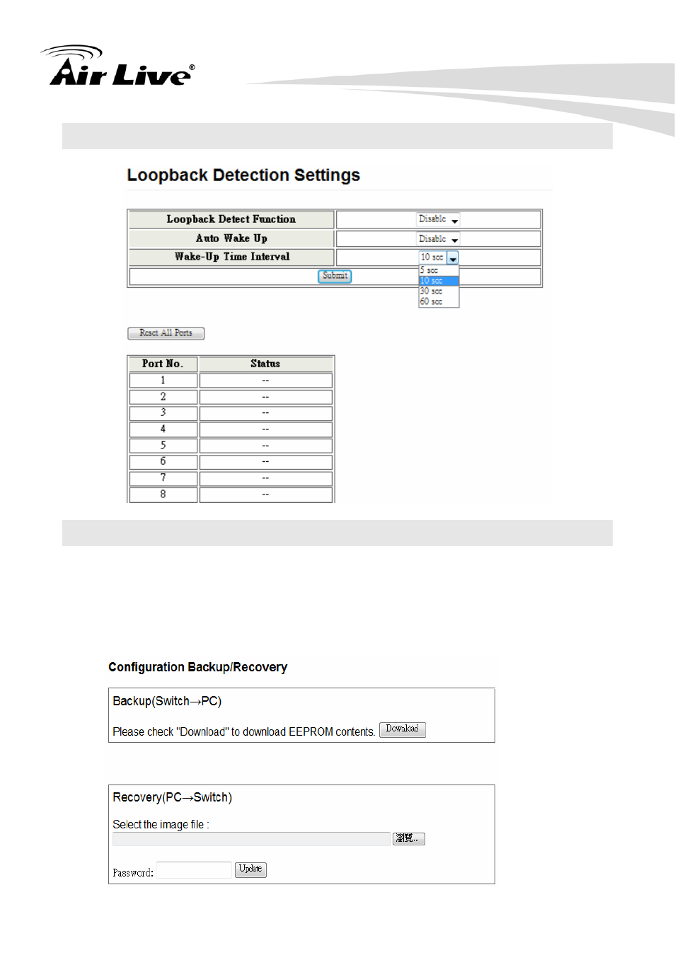 33 loopback detection settings (qos setting), 34 backup/recovery | AirLive POE-FSH2422G-250 User Manual | Page 45 / 51