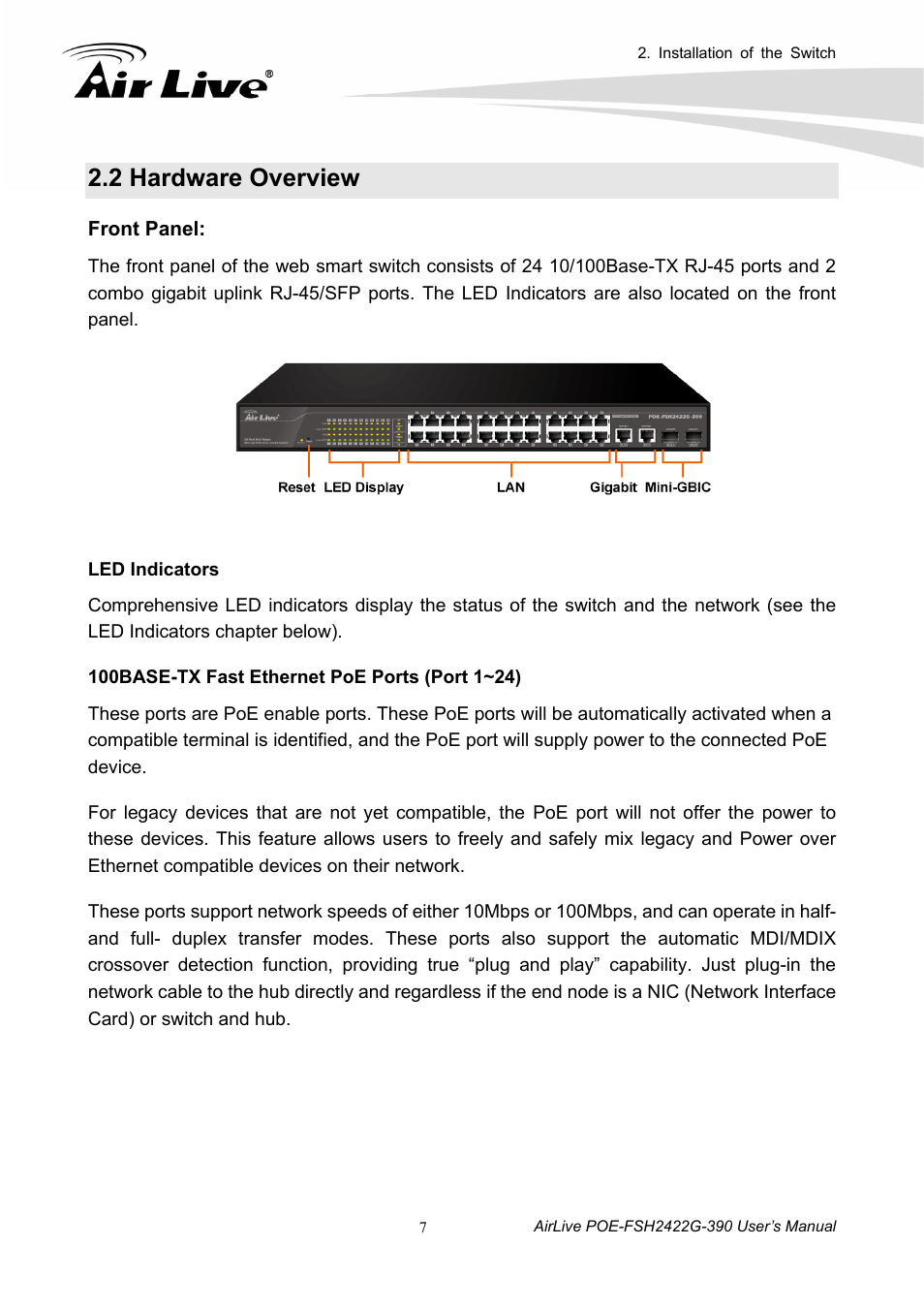 2 hardware overview | AirLive POE-FSH2422G-390 User Manual | Page 12 / 54