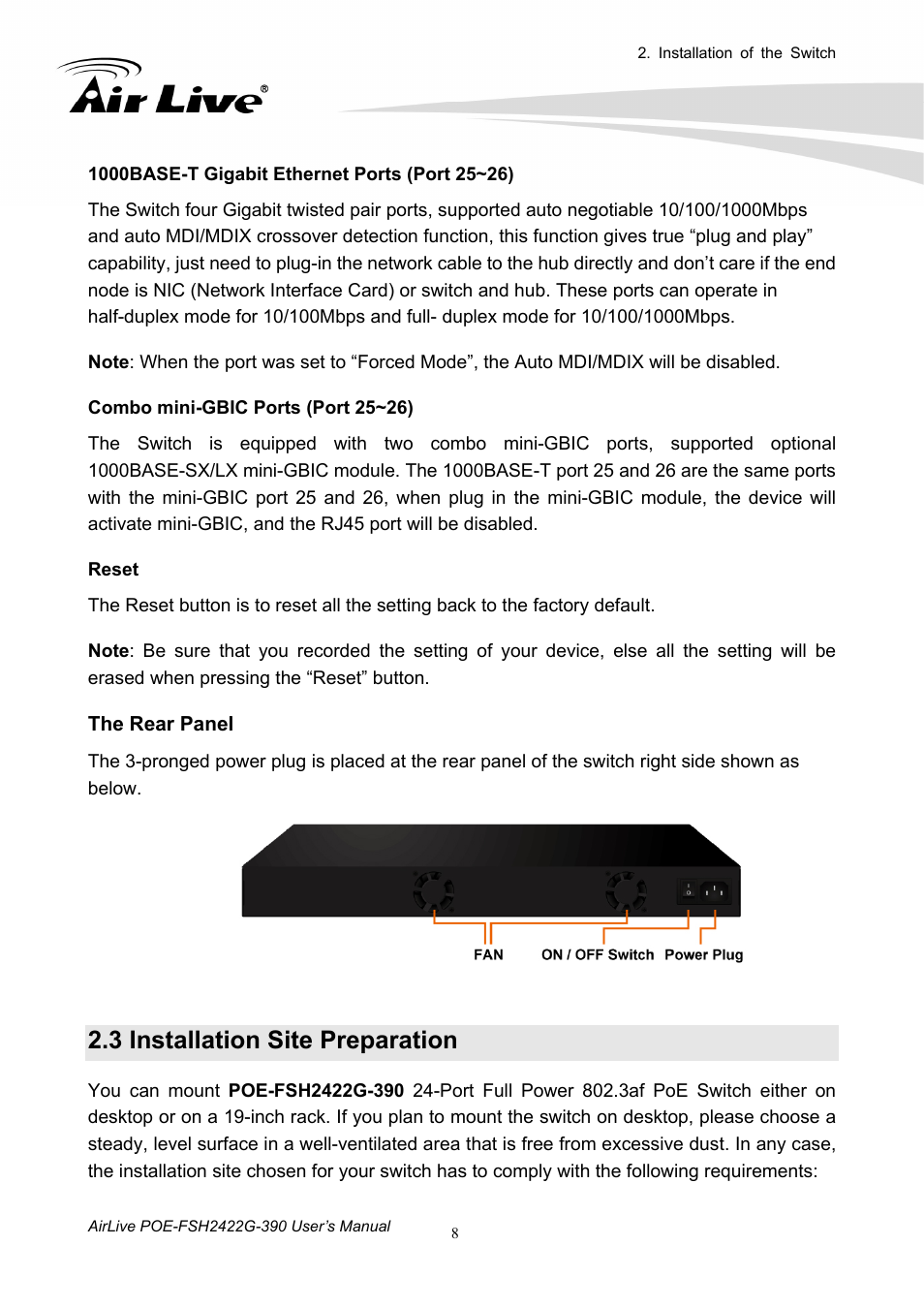 3 installation site preparation | AirLive POE-FSH2422G-390 User Manual | Page 13 / 54