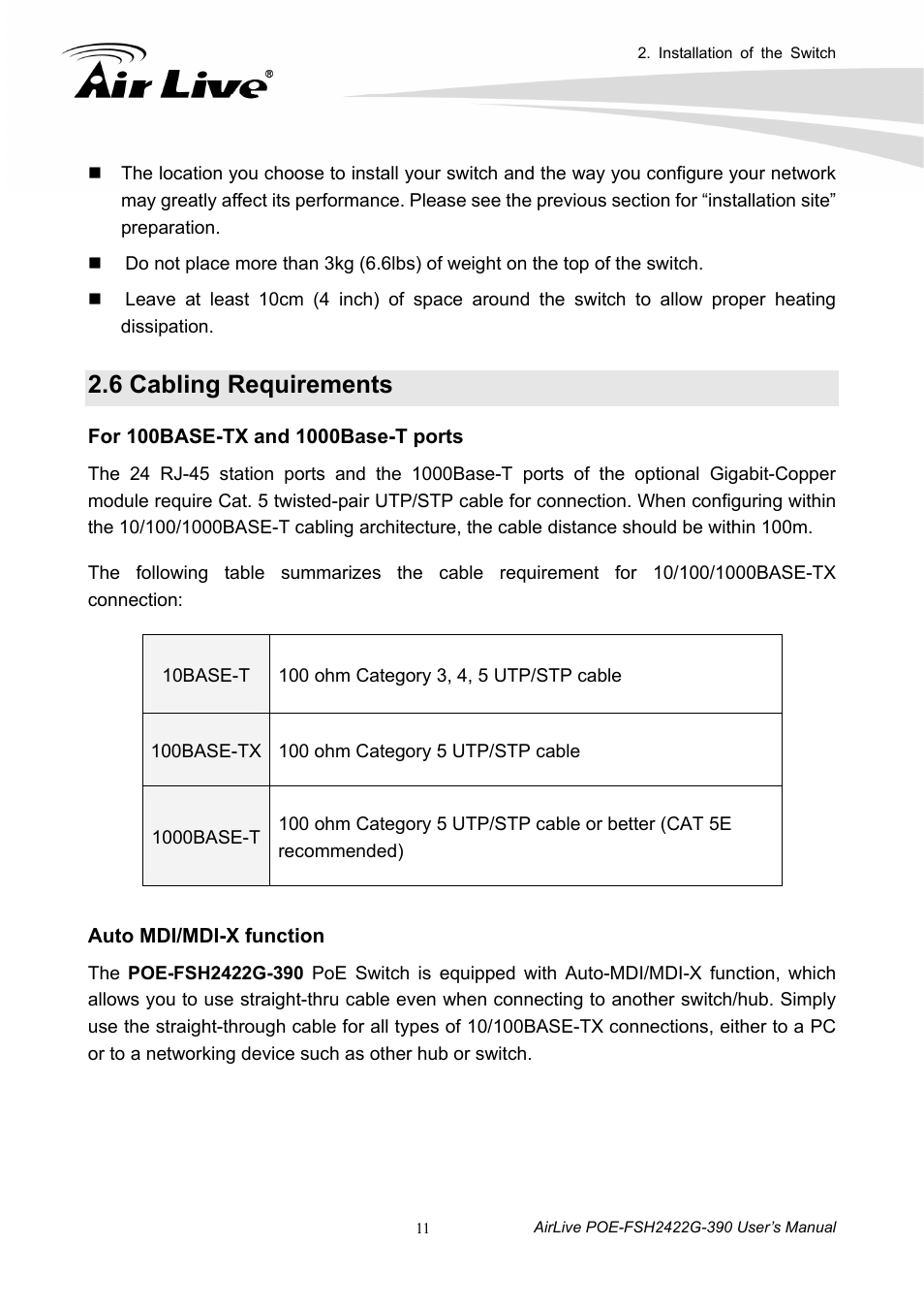 6 cabling requirements | AirLive POE-FSH2422G-390 User Manual | Page 16 / 54