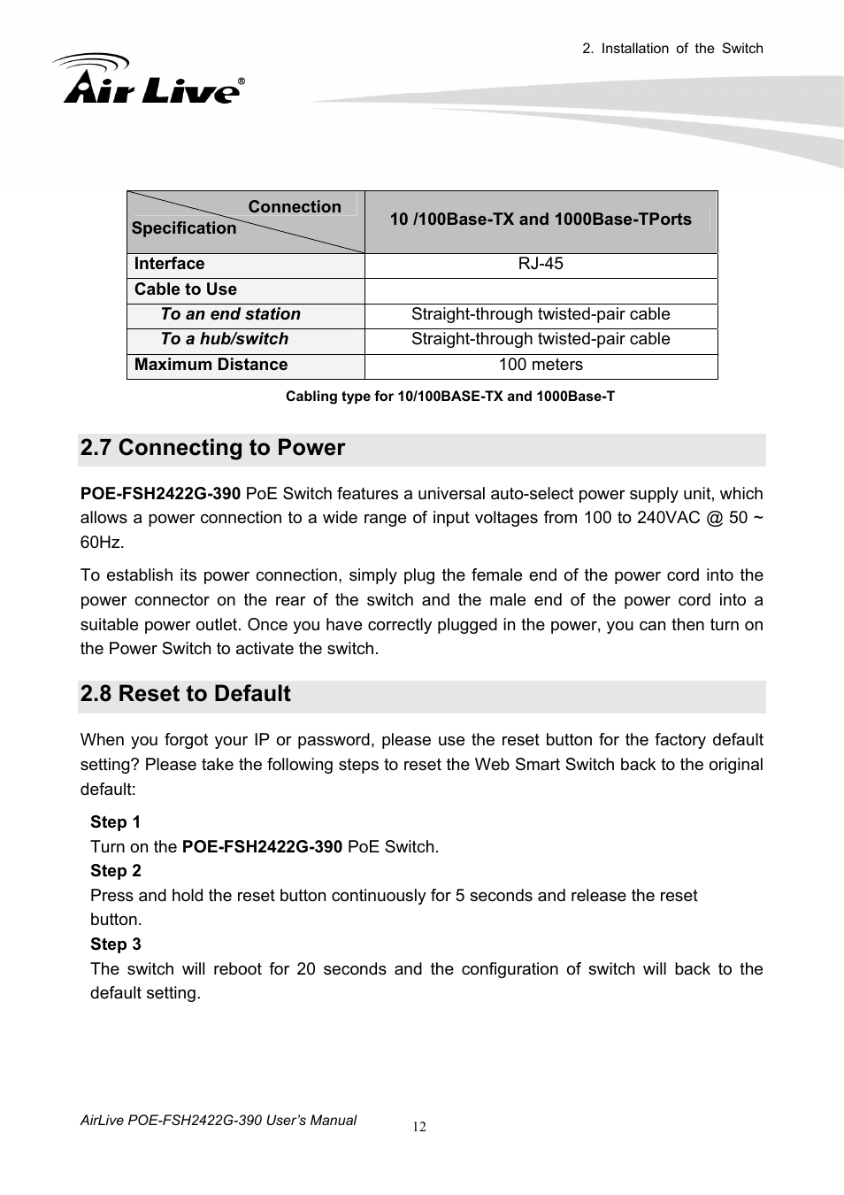 7 connecting to power, 8 reset to default | AirLive POE-FSH2422G-390 User Manual | Page 17 / 54