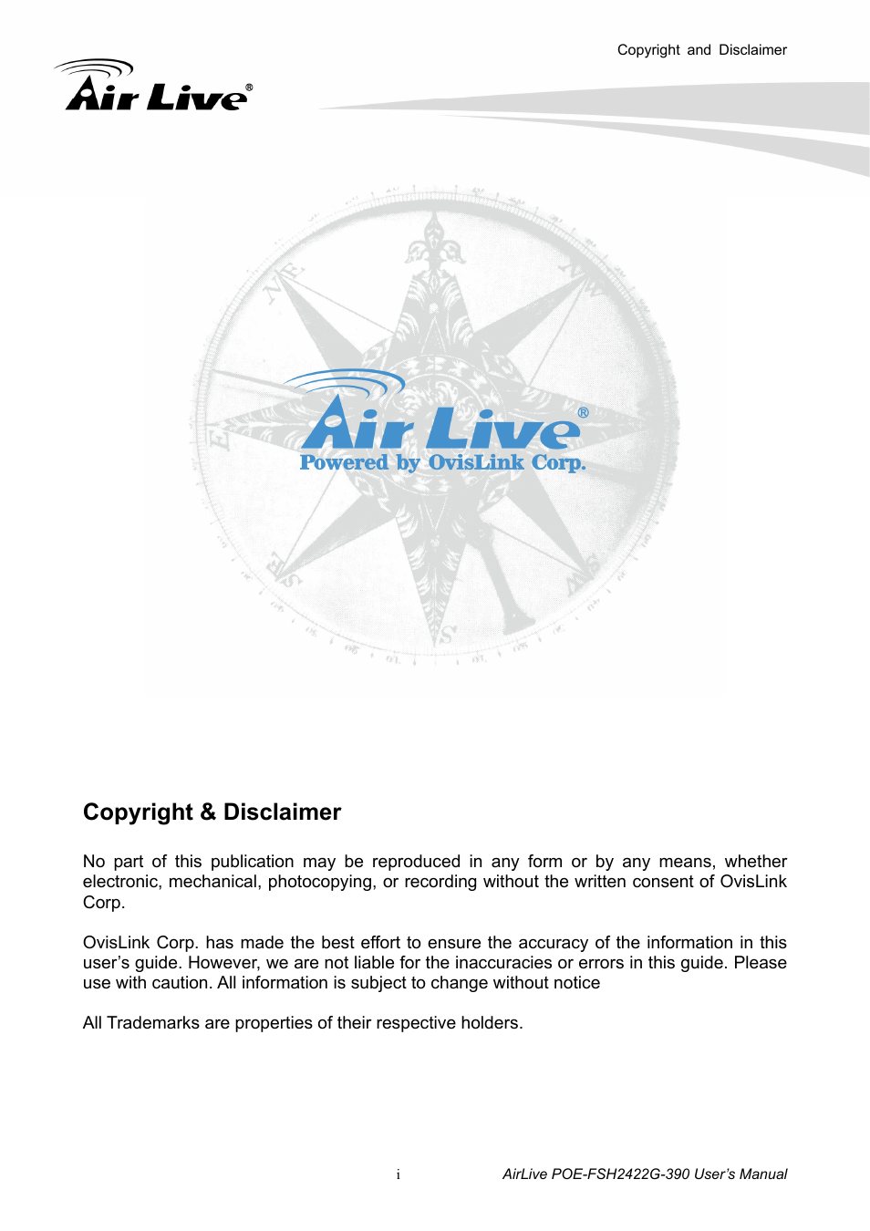 Copyright & disclaimer | AirLive POE-FSH2422G-390 User Manual | Page 2 / 54