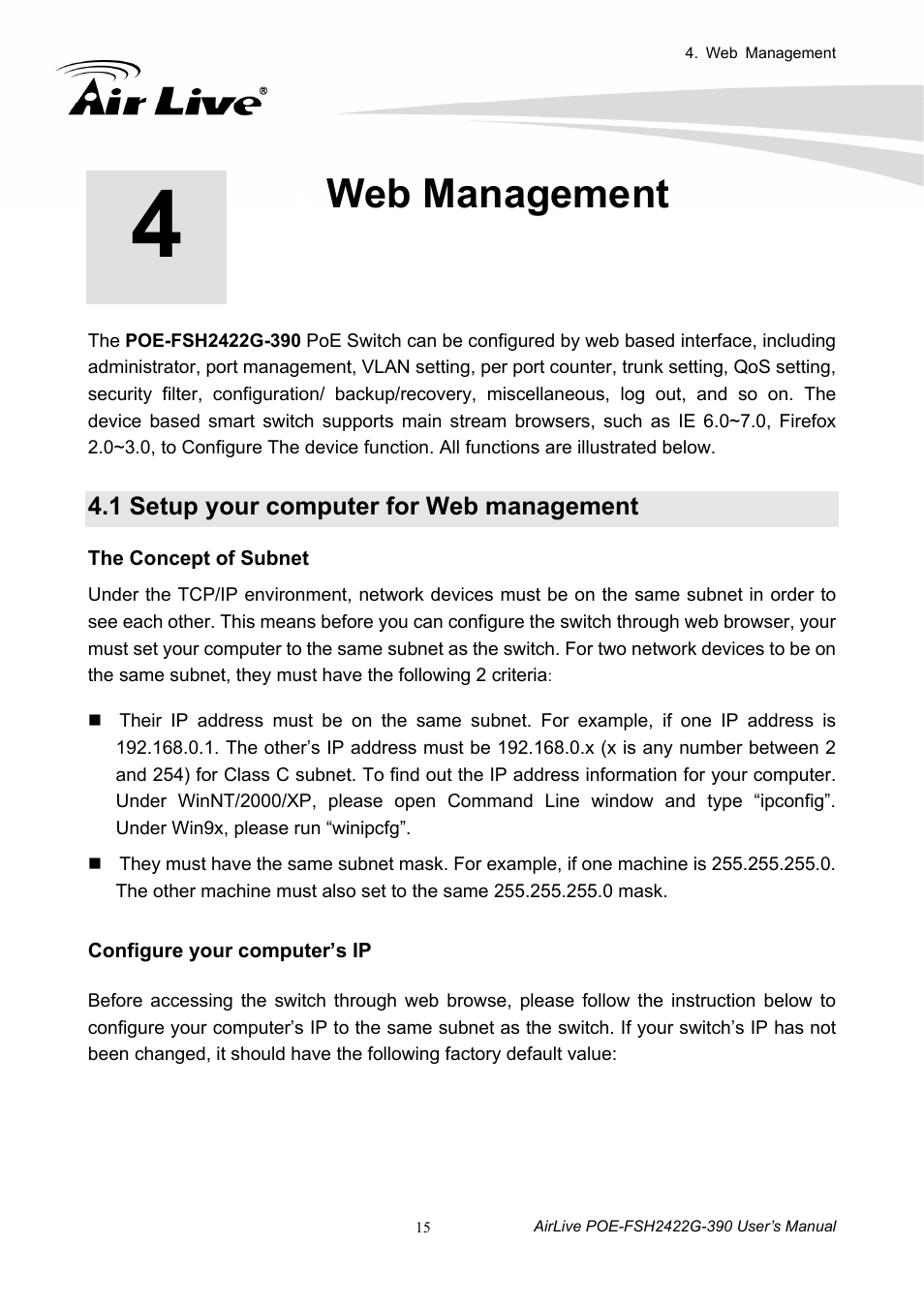 Web management, 1 setup your computer for web management | AirLive POE-FSH2422G-390 User Manual | Page 20 / 54