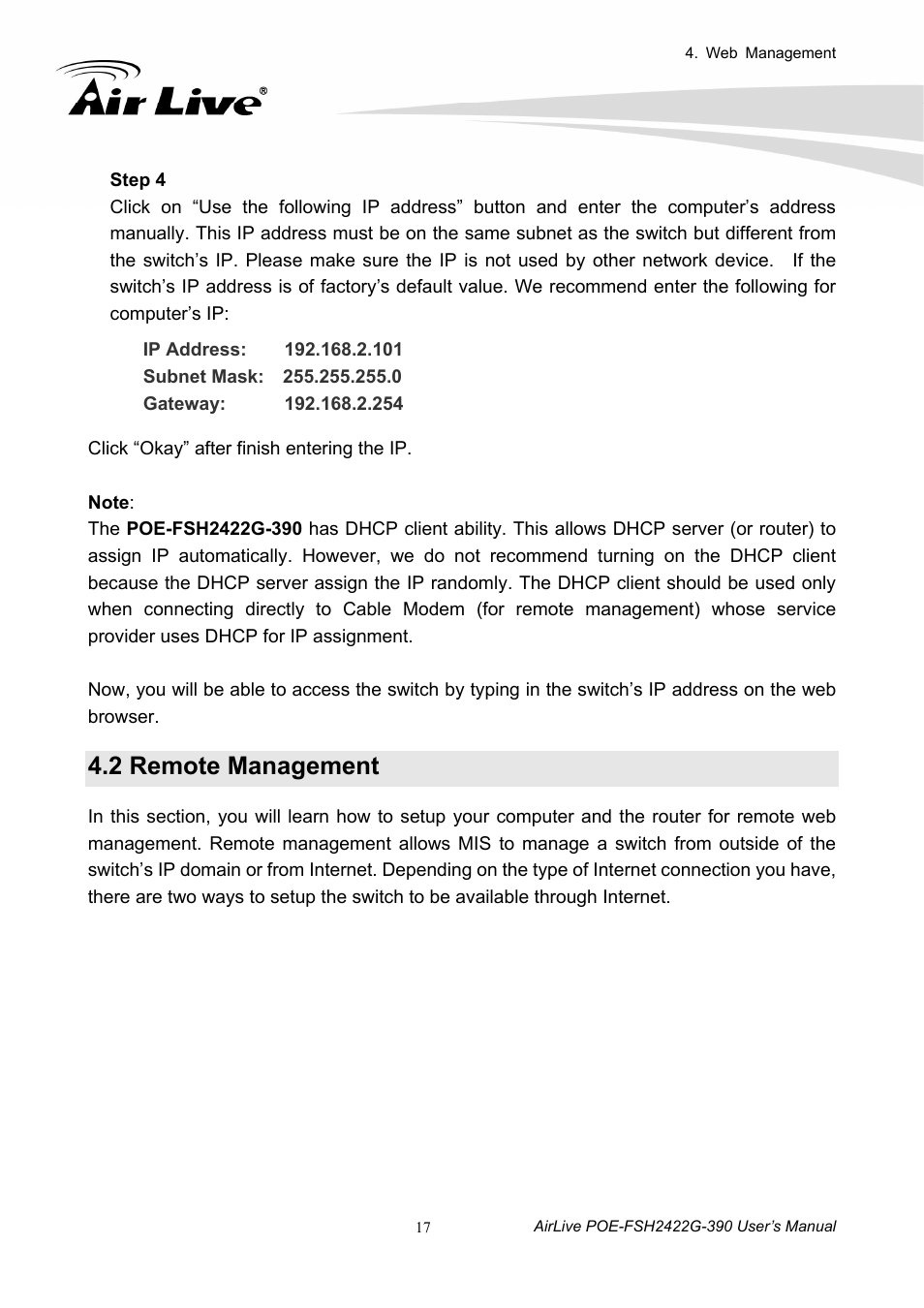 2 remote management | AirLive POE-FSH2422G-390 User Manual | Page 22 / 54