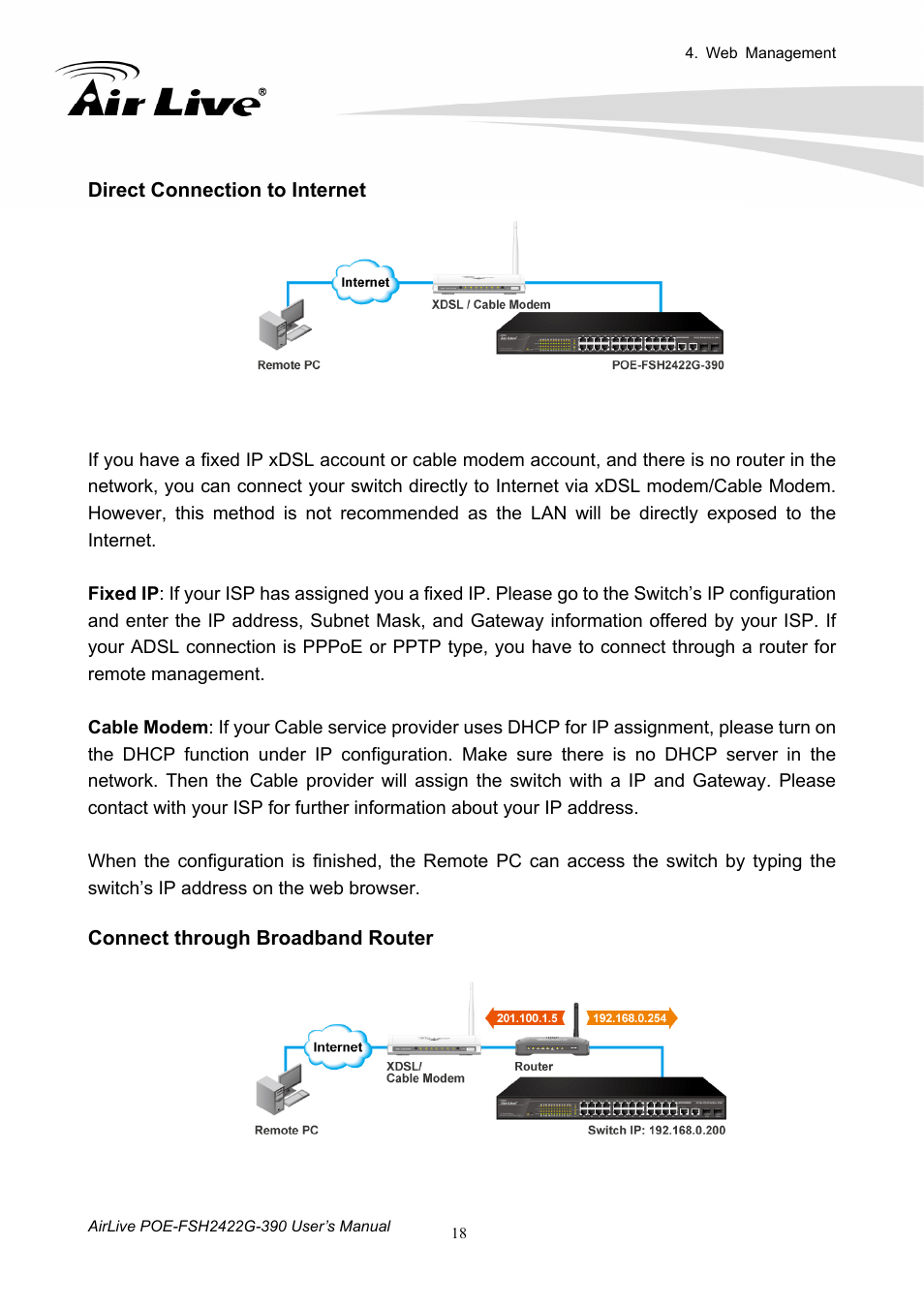 Direct connection to internet, Connect through broadband router | AirLive POE-FSH2422G-390 User Manual | Page 23 / 54